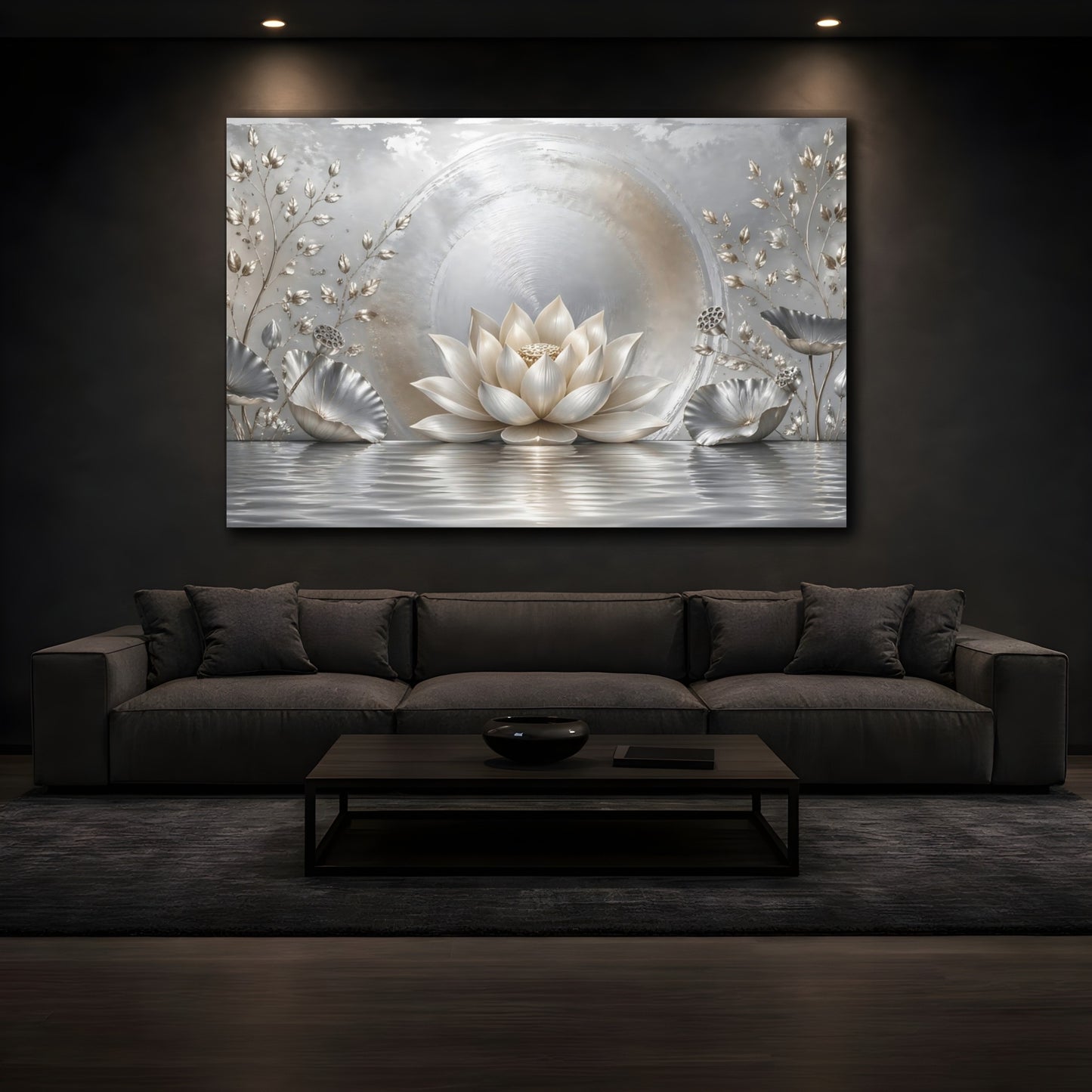 Mockup 3. Nature Lotus Flower Silver And Gold shown as stretched canvas wall art