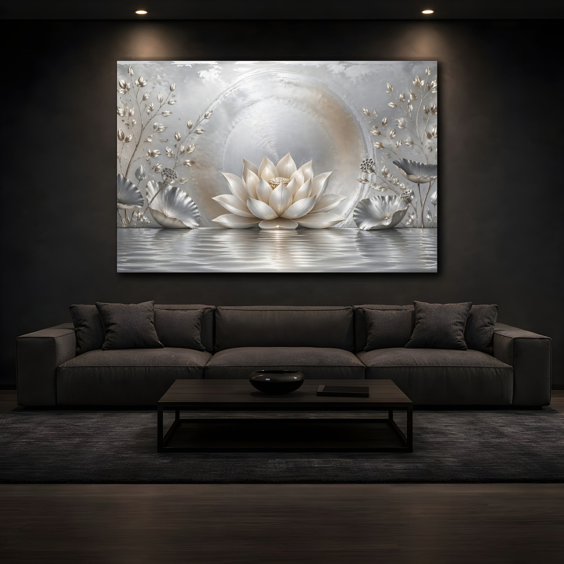 Mockup 3. Nature Lotus Flower Silver And Gold shown as stretched canvas wall art