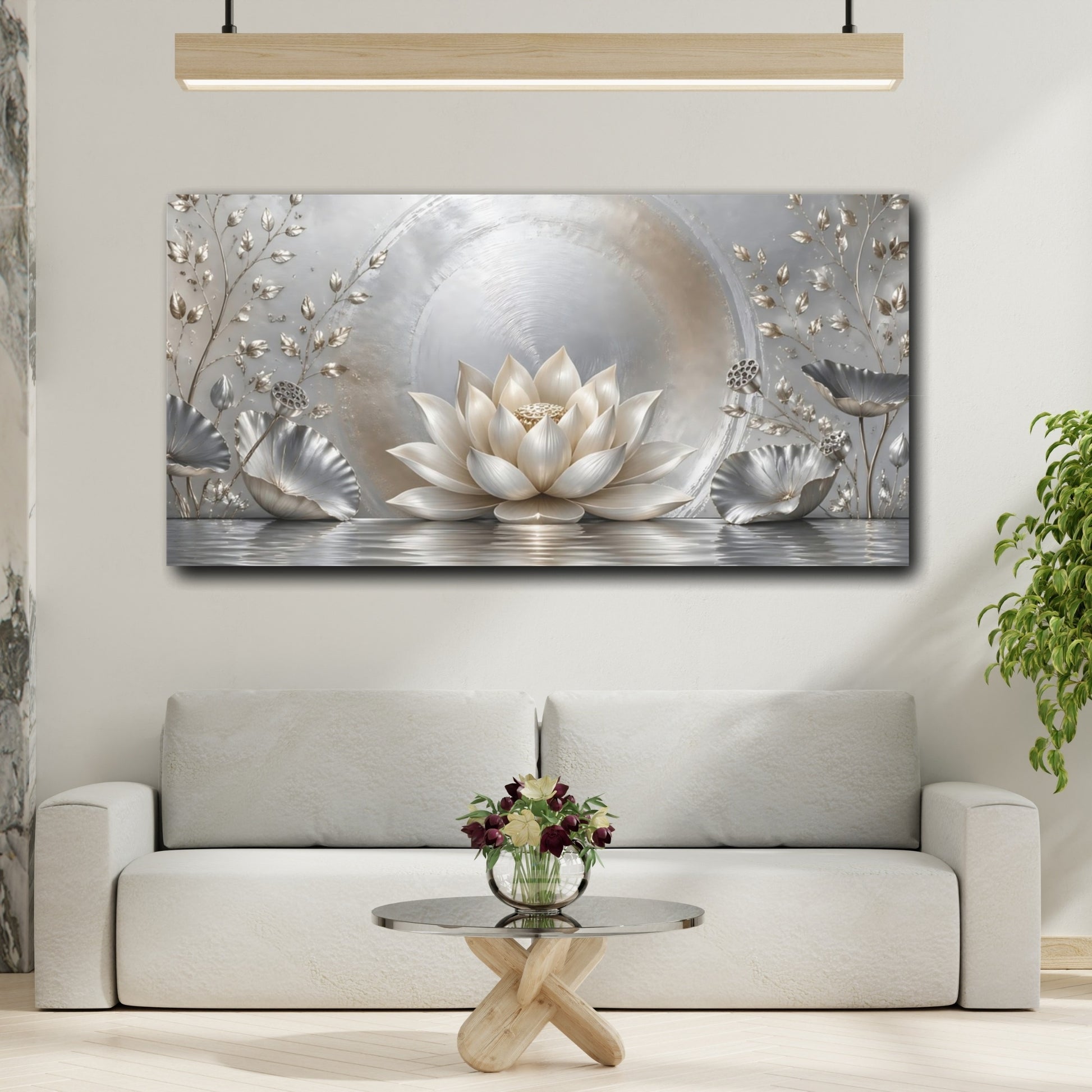 Mockup 3. Nature Lotus Flower Silver And Gold shown as stretched canvas wall art