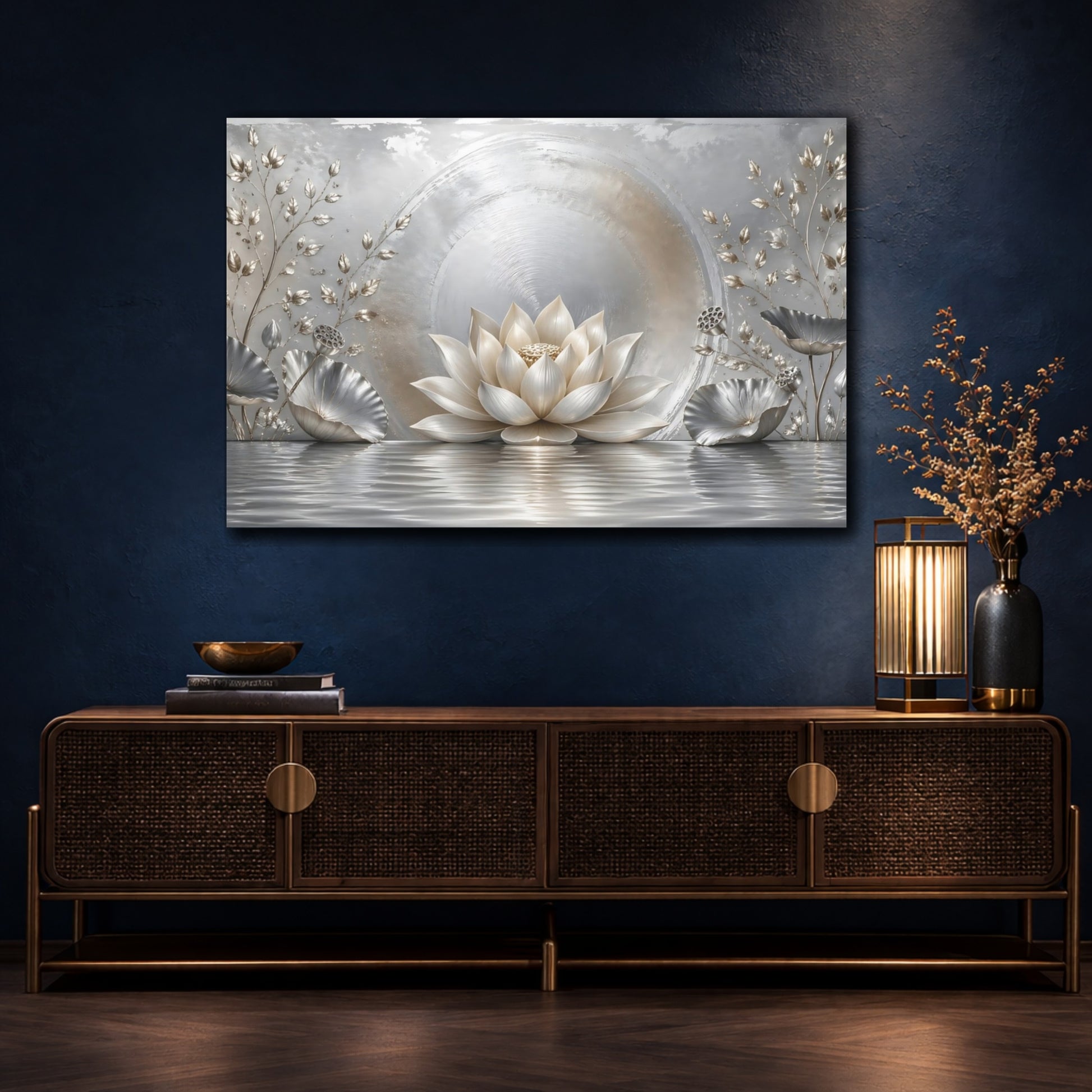 Mockup 4. Nature Lotus Flower Silver And Gold shown as stretched canvas wall art
