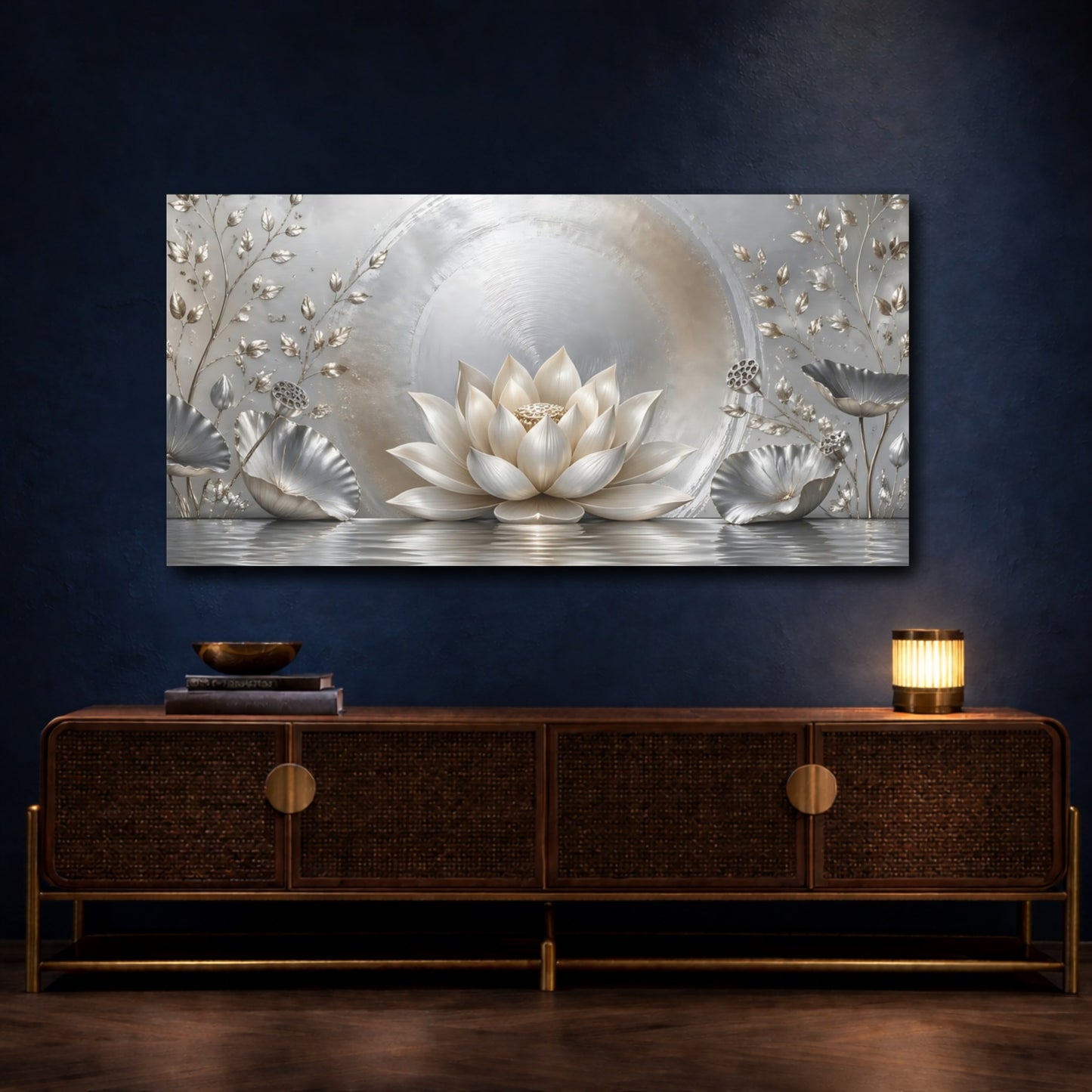 Mockup 4. Nature Lotus Flower Silver And Gold shown as stretched canvas wall art