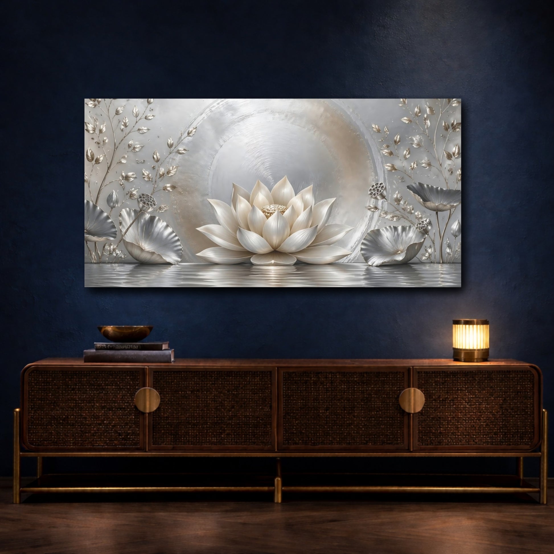 Mockup 4. Nature Lotus Flower Silver And Gold shown as stretched canvas wall art