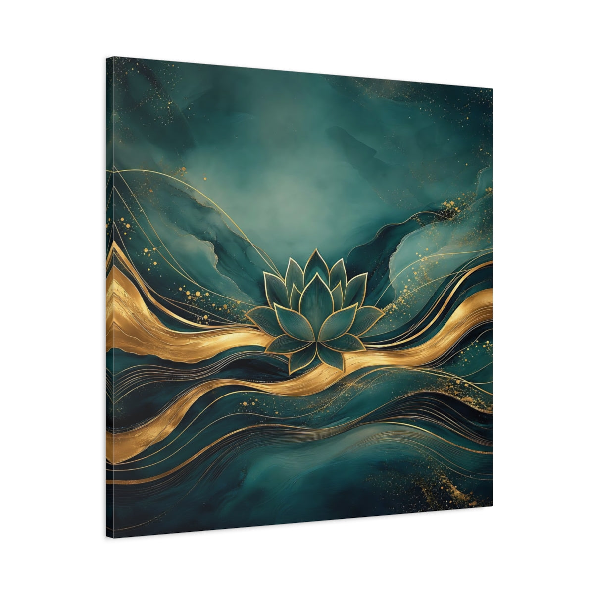 Main Mockup. Nature Lotus Flower Teal And Gold shown as stretched canvas wall art
