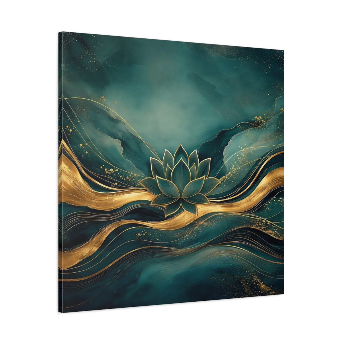 Side Mockup 1. Nature Lotus Flower Teal And Gold shown as stretched canvas wall art