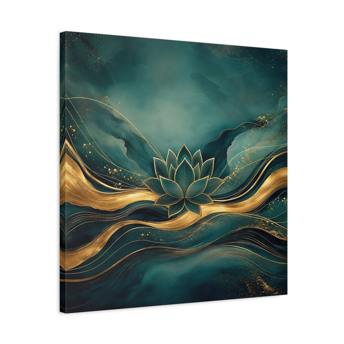 Side Mockup 4. Nature Lotus Flower Teal And Gold shown as stretched canvas wall art