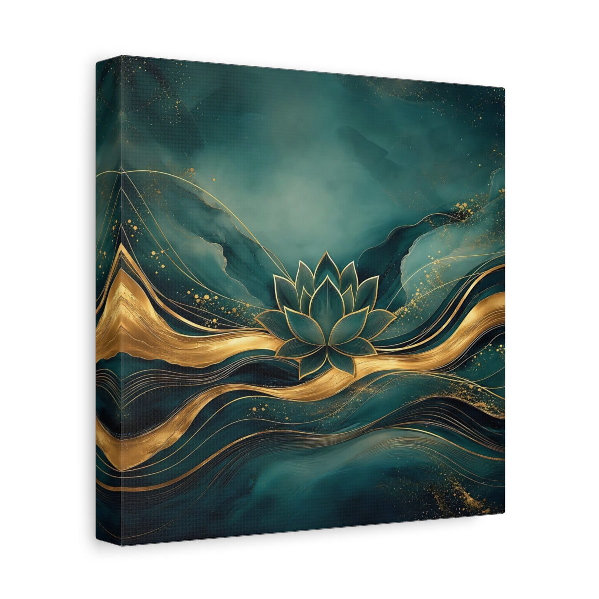 Side Mockup 9. Nature Lotus Flower Teal And Gold shown as stretched canvas wall art