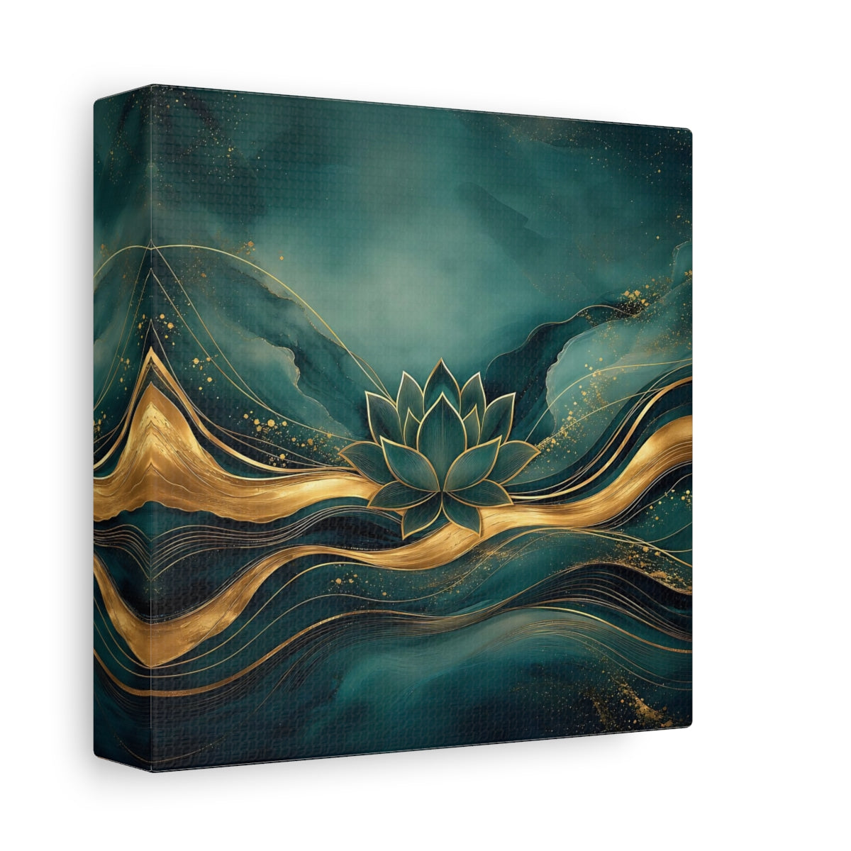 Side Mockup 2. Nature Lotus Flower Teal And Gold shown as stretched canvas wall art
