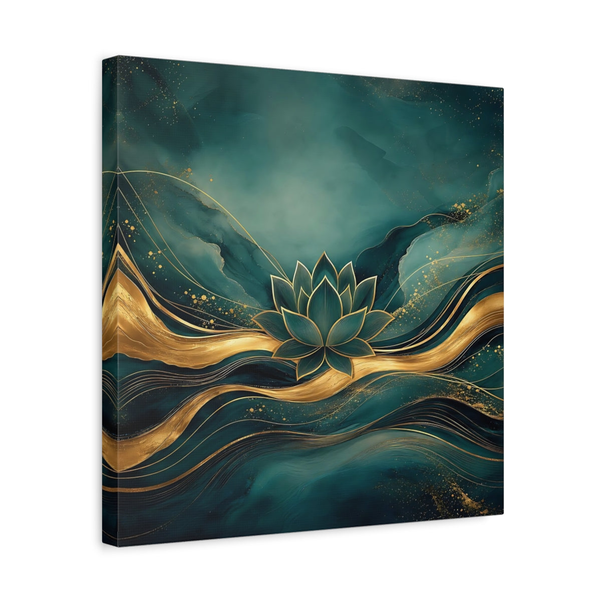 Side Mockup 6. Nature Lotus Flower Teal And Gold shown as stretched canvas wall art