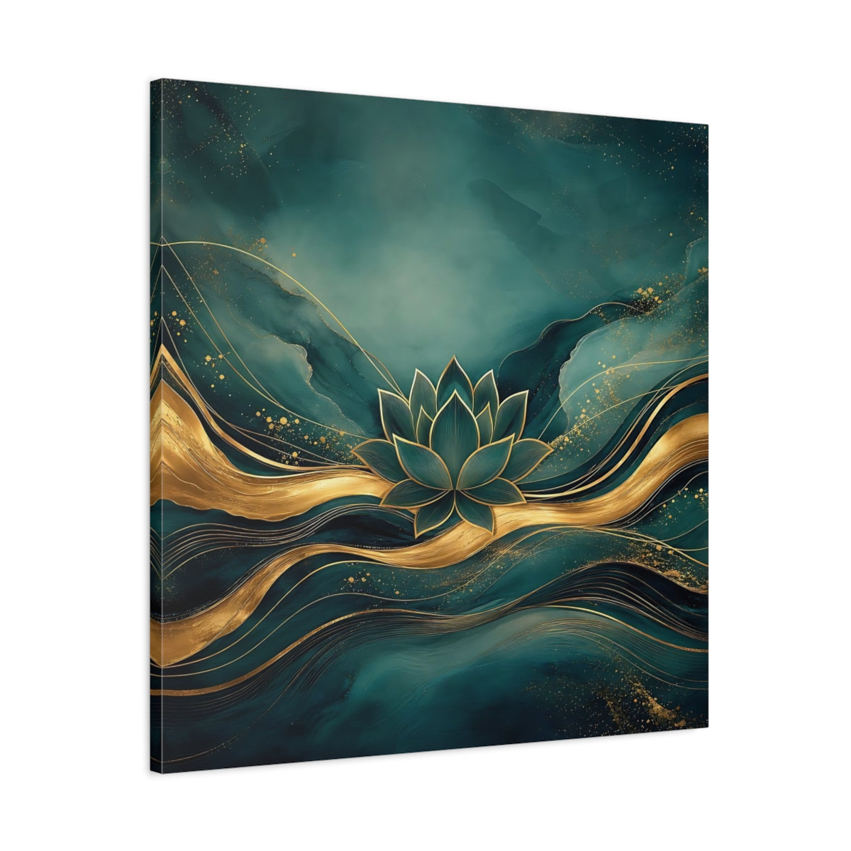 Side Mockup 3. Nature Lotus Flower Teal And Gold shown as stretched canvas wall art