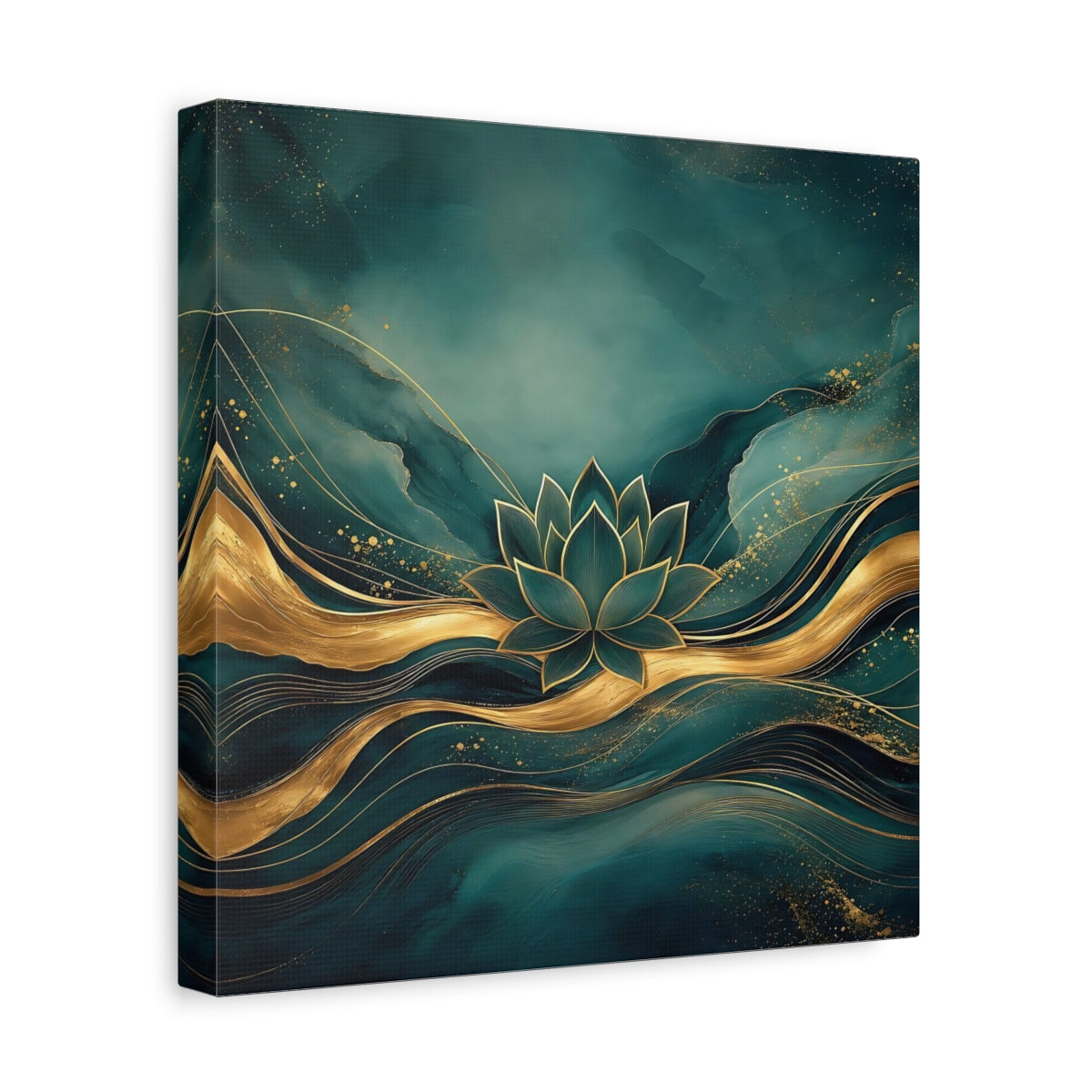 Side Mockup 8. Nature Lotus Flower Teal And Gold shown as stretched canvas wall art