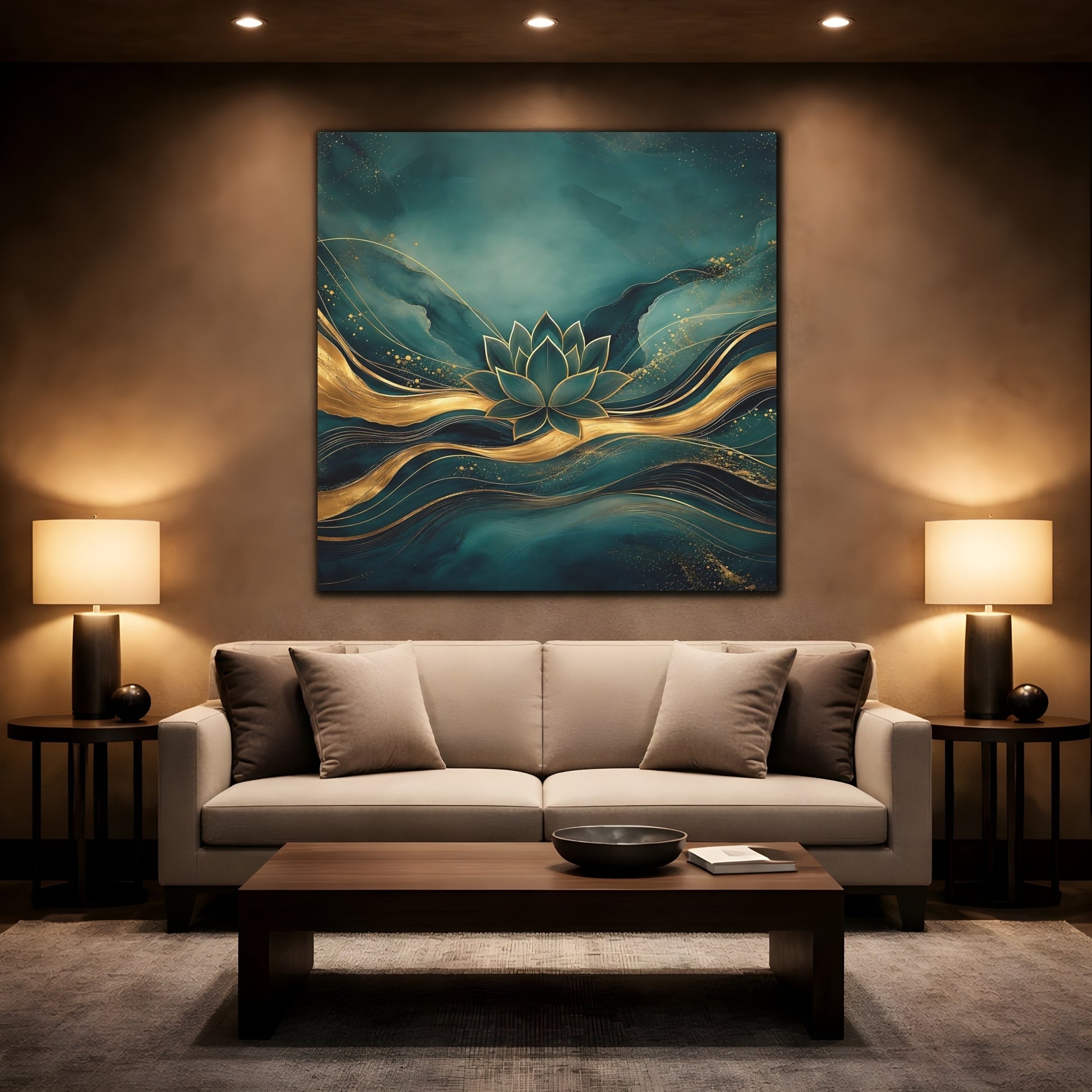 Mockup 2. Nature Lotus Flower Teal And Gold shown as stretched canvas wall art