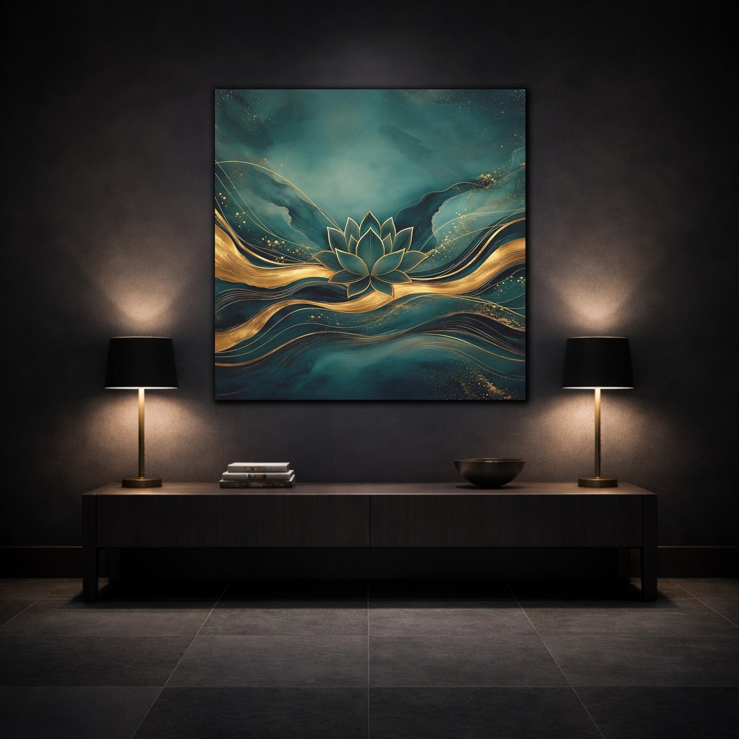 Mockup 3. Nature Lotus Flower Teal And Gold shown as stretched canvas wall art