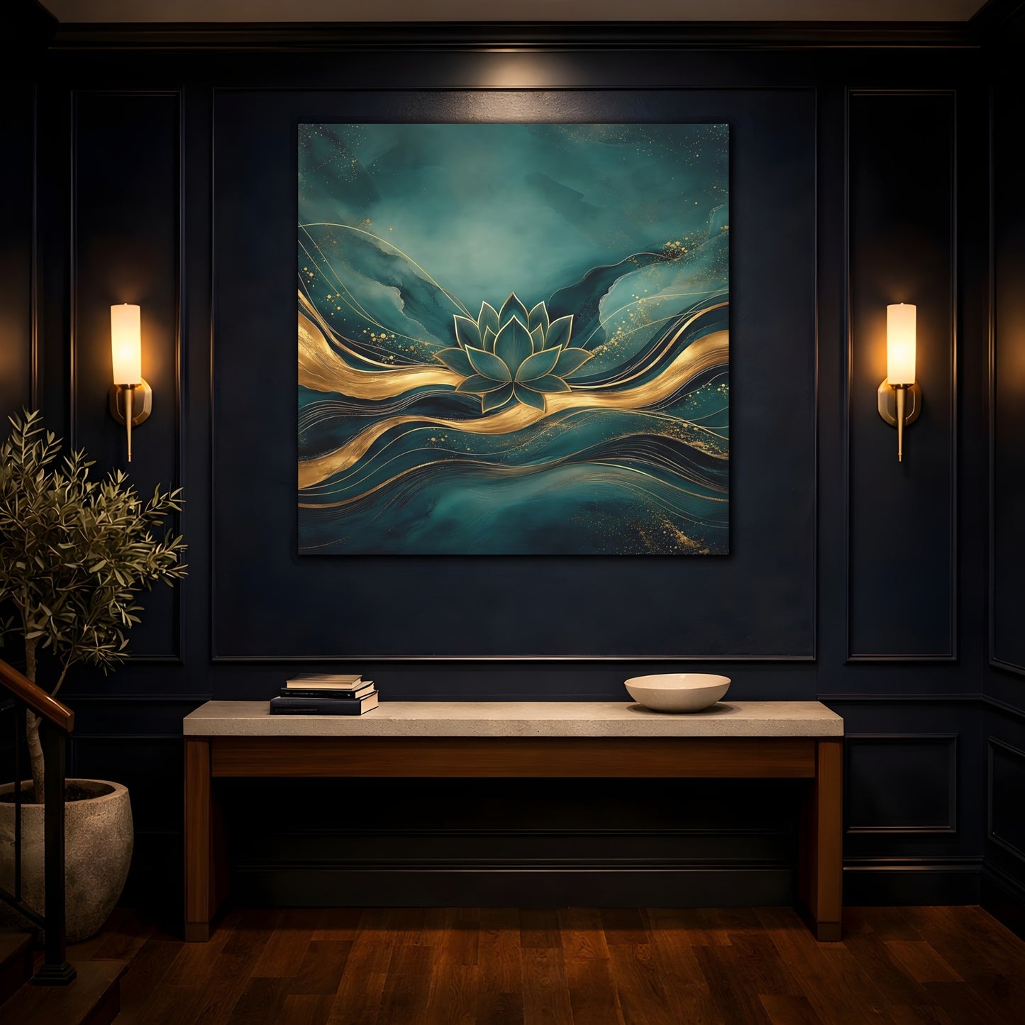 Mockup 4. Nature Lotus Flower Teal And Gold shown as stretched canvas wall art