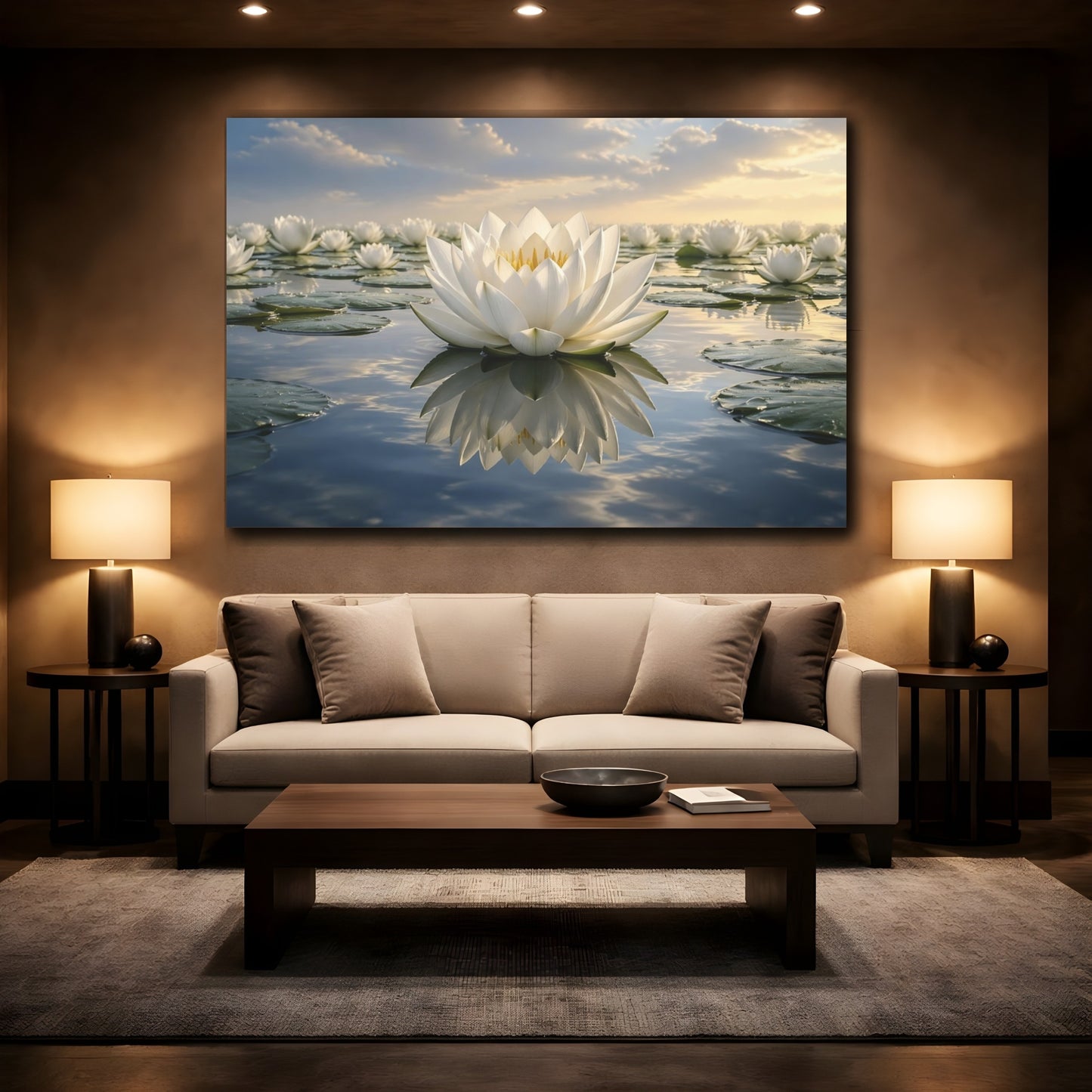 Mockup 2. Nature Lotus Flower White Lotus shown as stretched canvas wall art