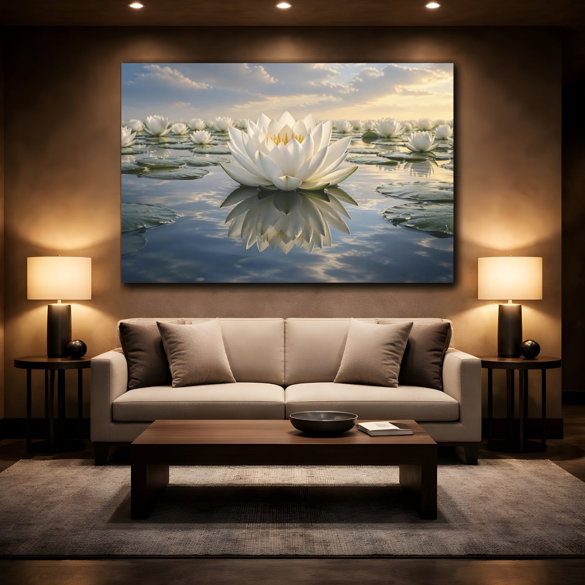 Mockup 2. Nature Lotus Flower White Lotus shown as stretched canvas wall art