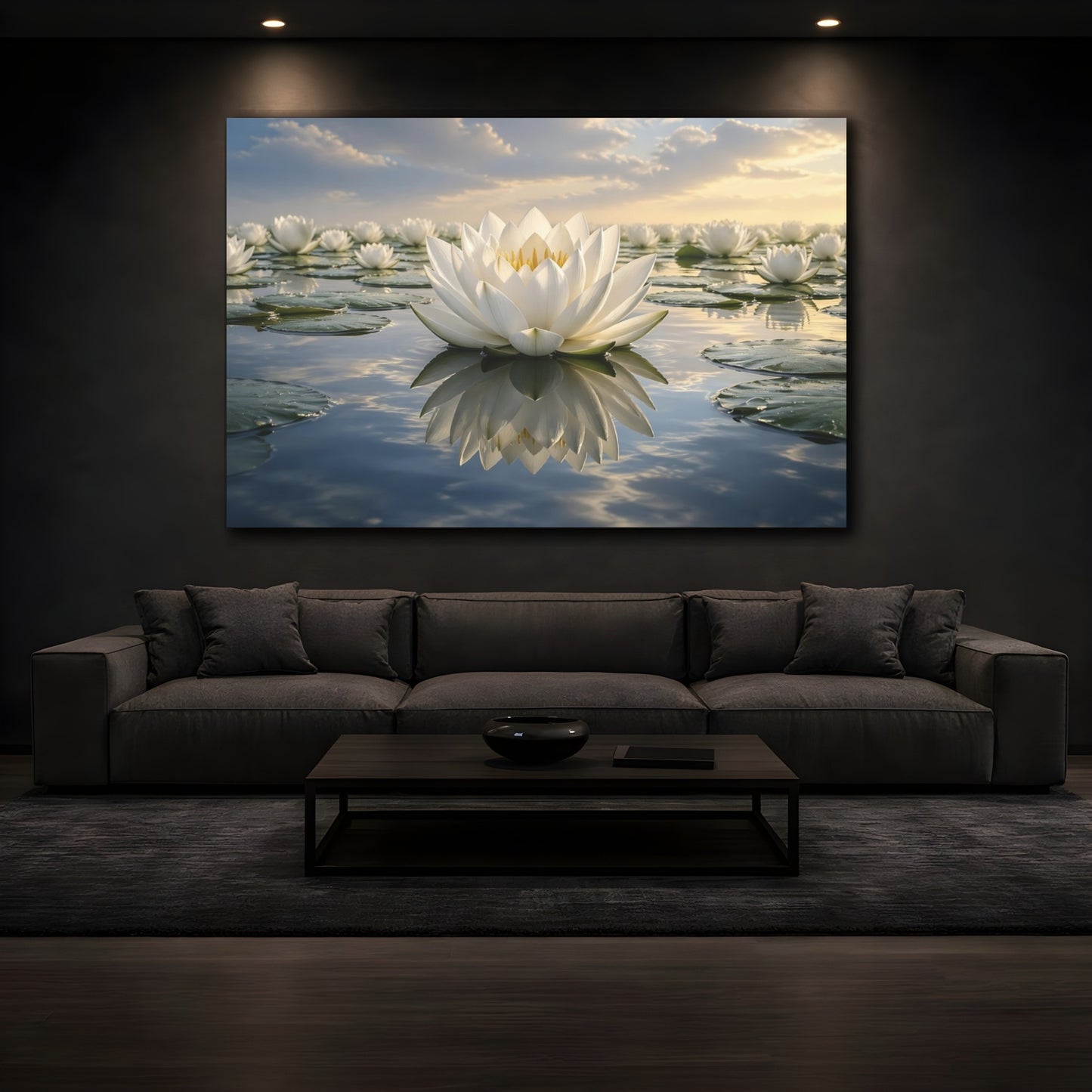 Mockup 3. Nature Lotus Flower White Lotus shown as stretched canvas wall art