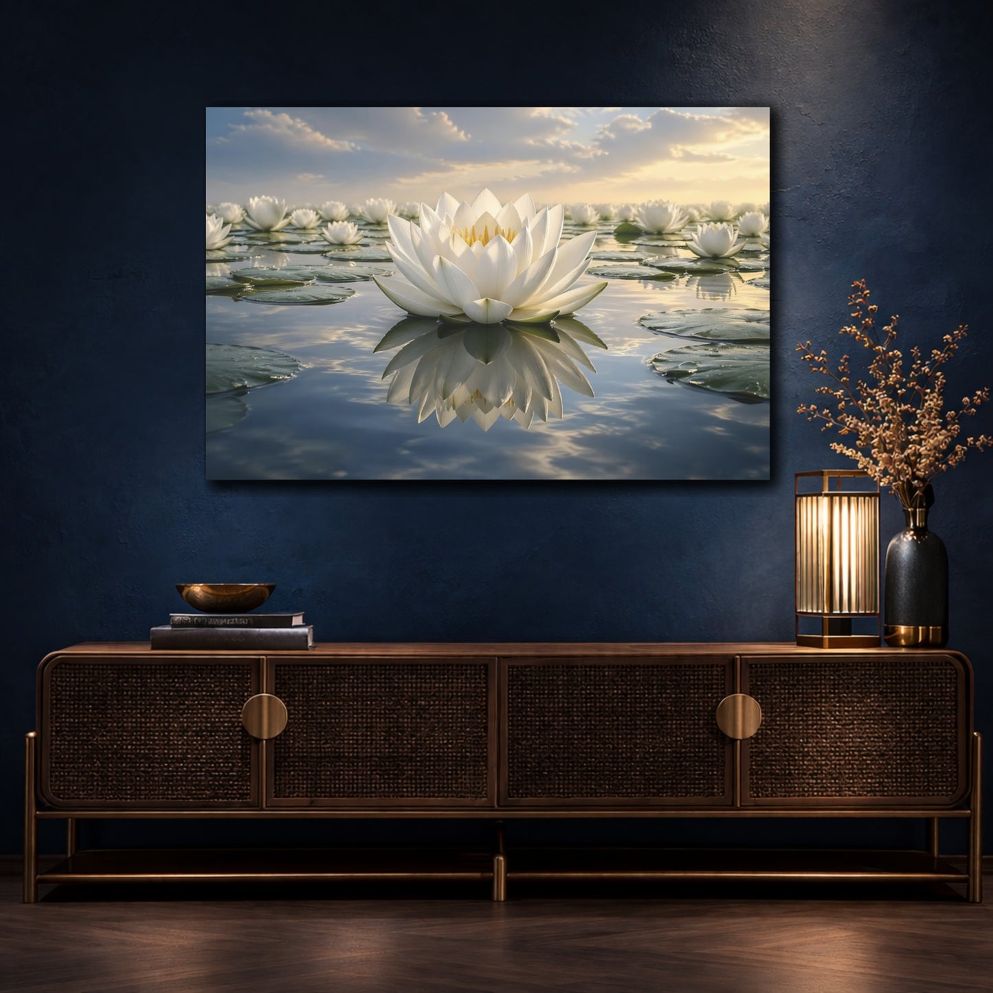 Mockup 4. Nature Lotus Flower White Lotus shown as stretched canvas wall art