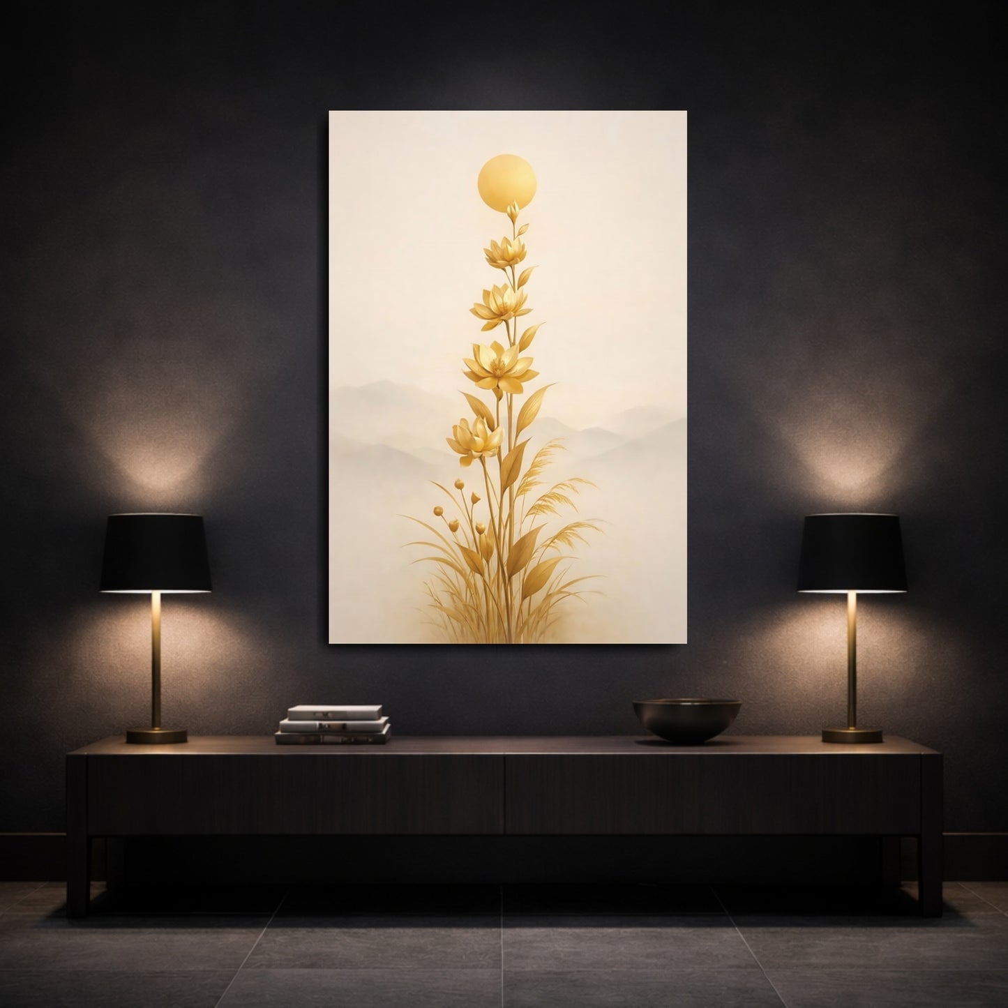 Mockup 2. Nature Lotus Flowers Gold Floral Art shown as stretched canvas wall art