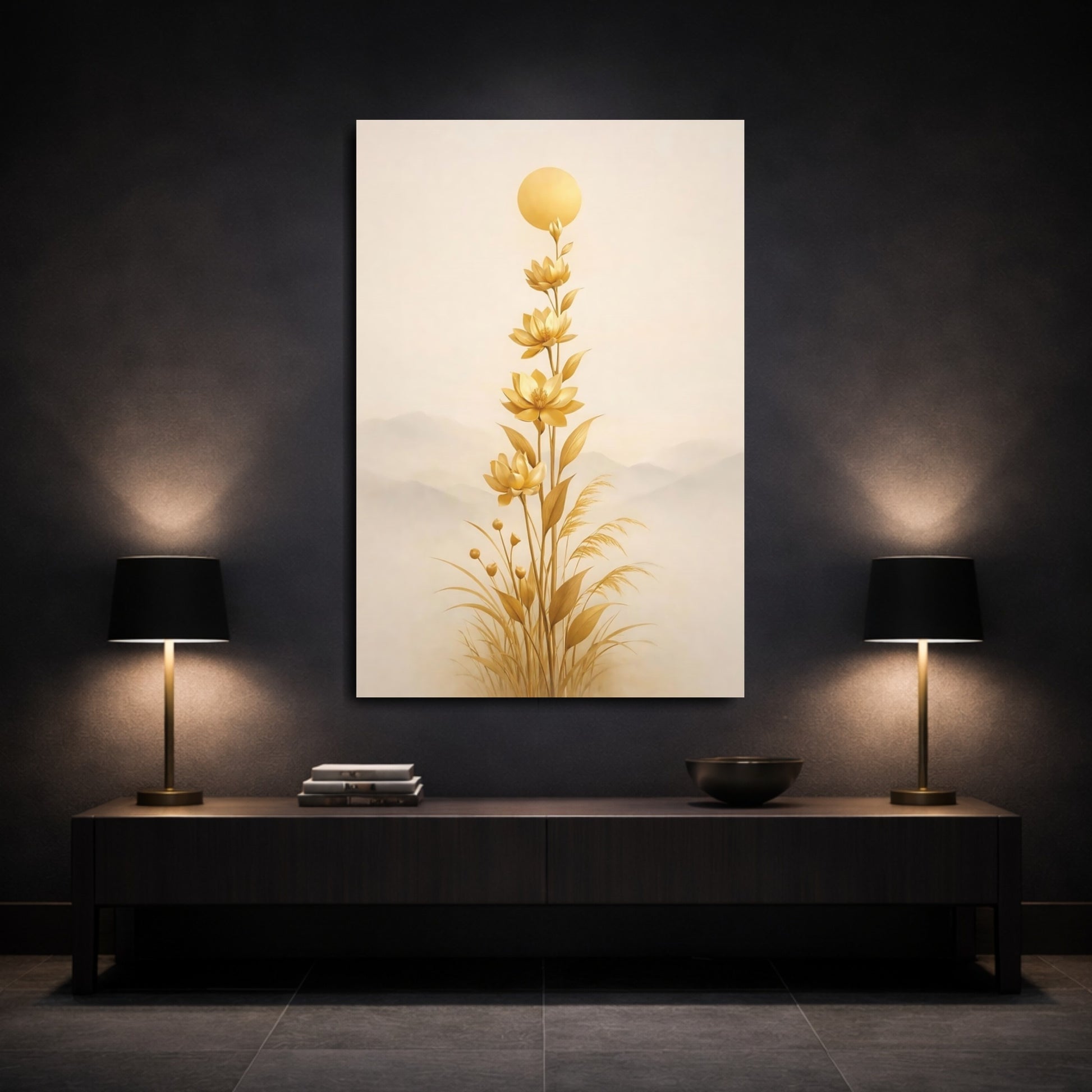 Mockup 2. Nature Lotus Flowers Gold Floral Art shown as stretched canvas wall art