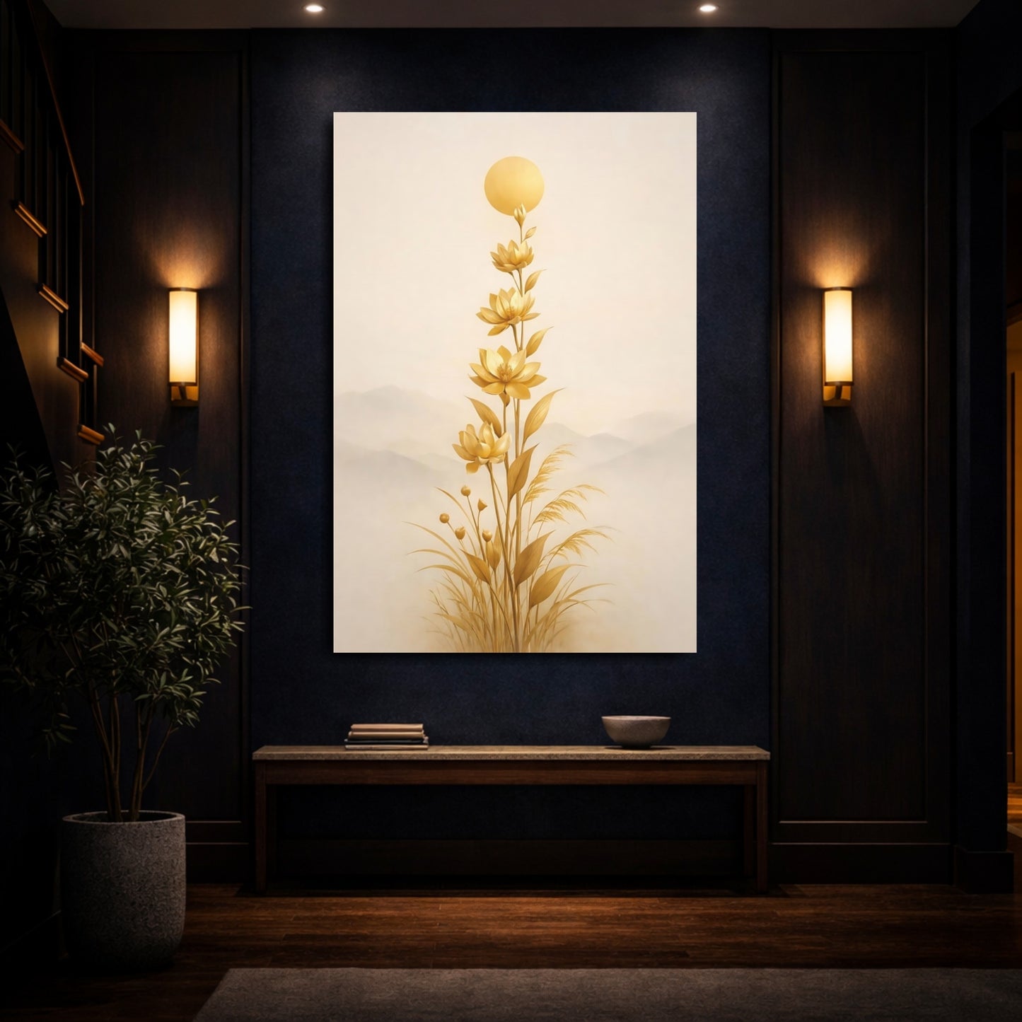 Mockup 3. Nature Lotus Flowers Gold Floral Art shown as stretched canvas wall art