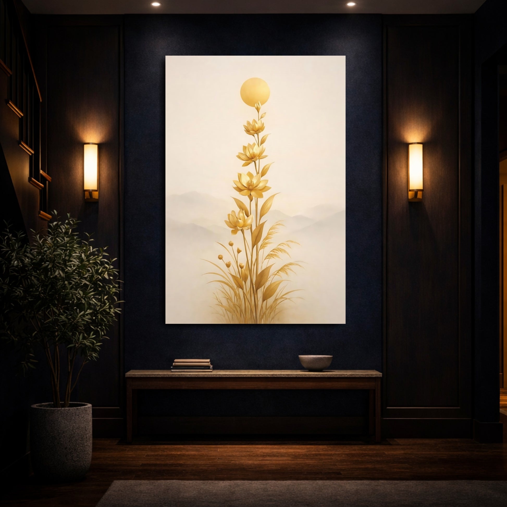 Mockup 3. Nature Lotus Flowers Gold Floral Art shown as stretched canvas wall art
