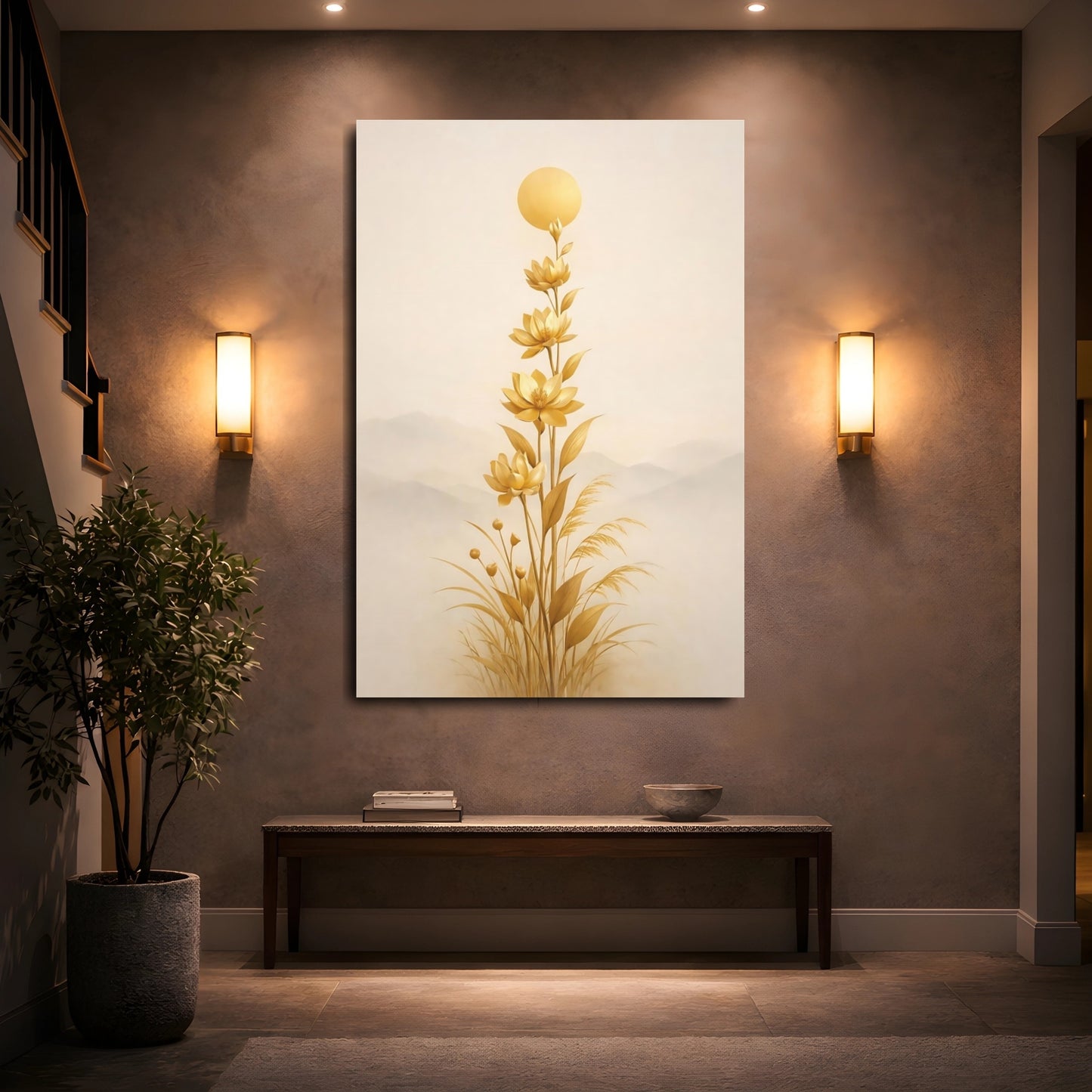 Mockup 4. Nature Lotus Flowers Gold Floral Art shown as stretched canvas wall art