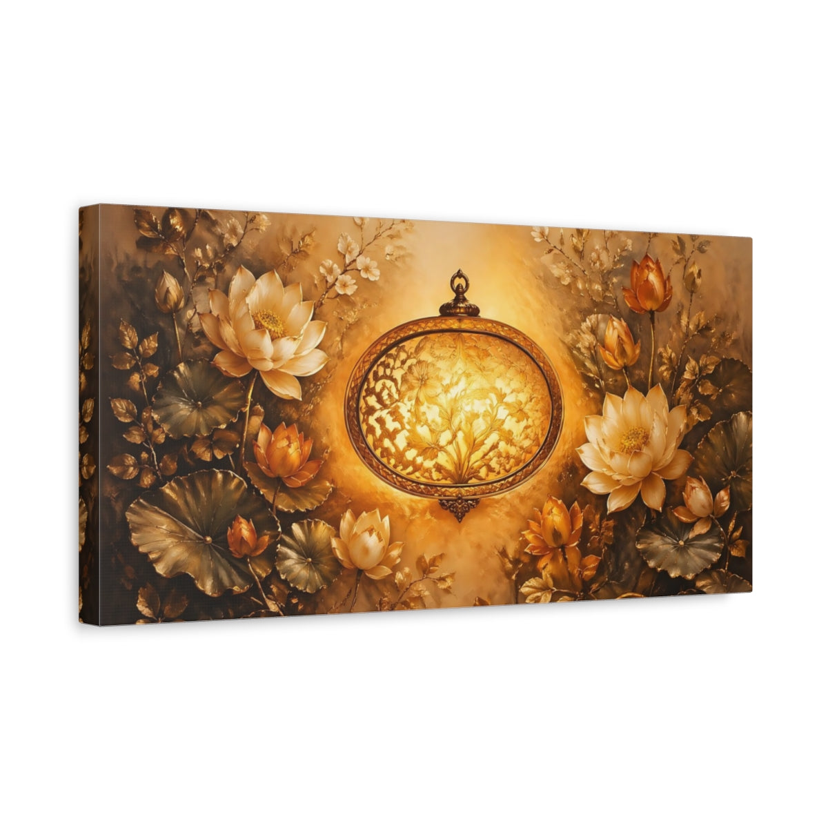 Side Mockup 3. Nature Lotus Flowers Golden Lotus shown as stretched canvas wall art