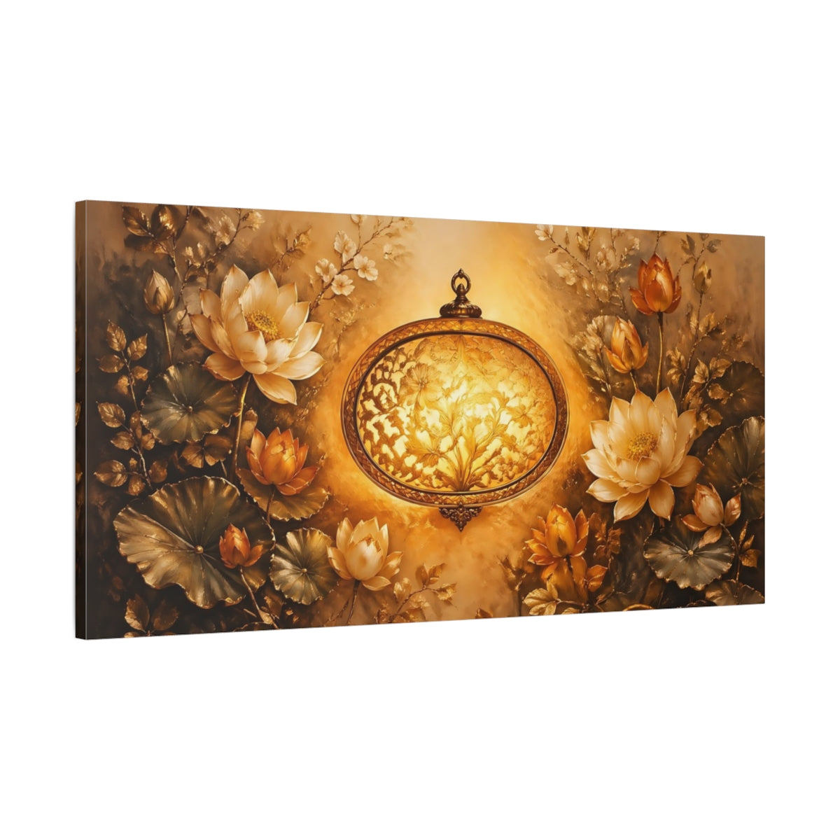 Main Mockup. Nature Lotus Flowers Golden Lotus shown as stretched canvas wall art