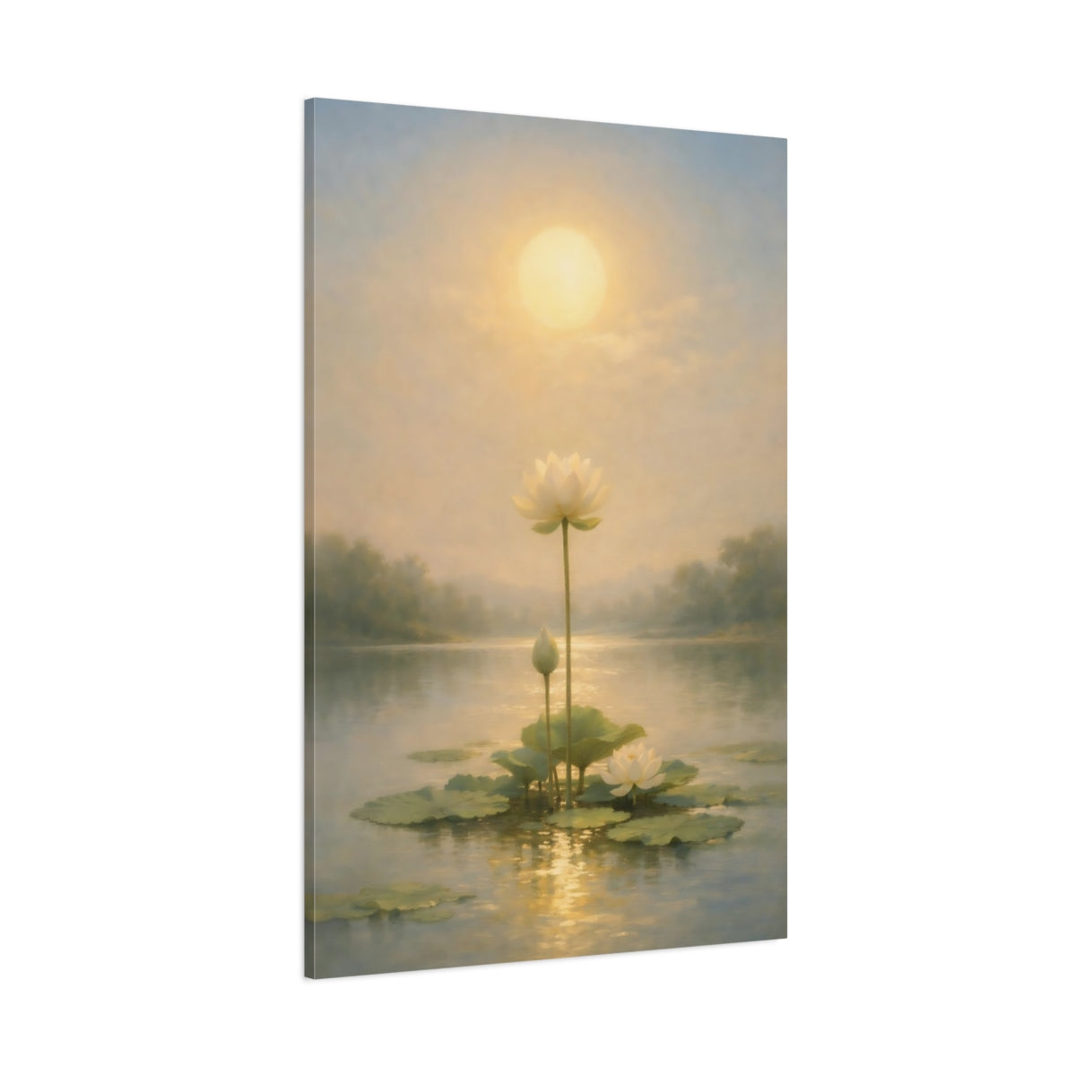 Main Mockup. Nature Lotus Flowers Golden Lotus Pond shown as stretched canvas wall art