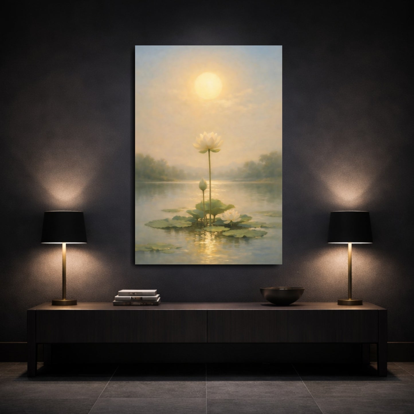 Mockup 2. Nature Lotus Flowers Golden Lotus Pond shown as stretched canvas wall art