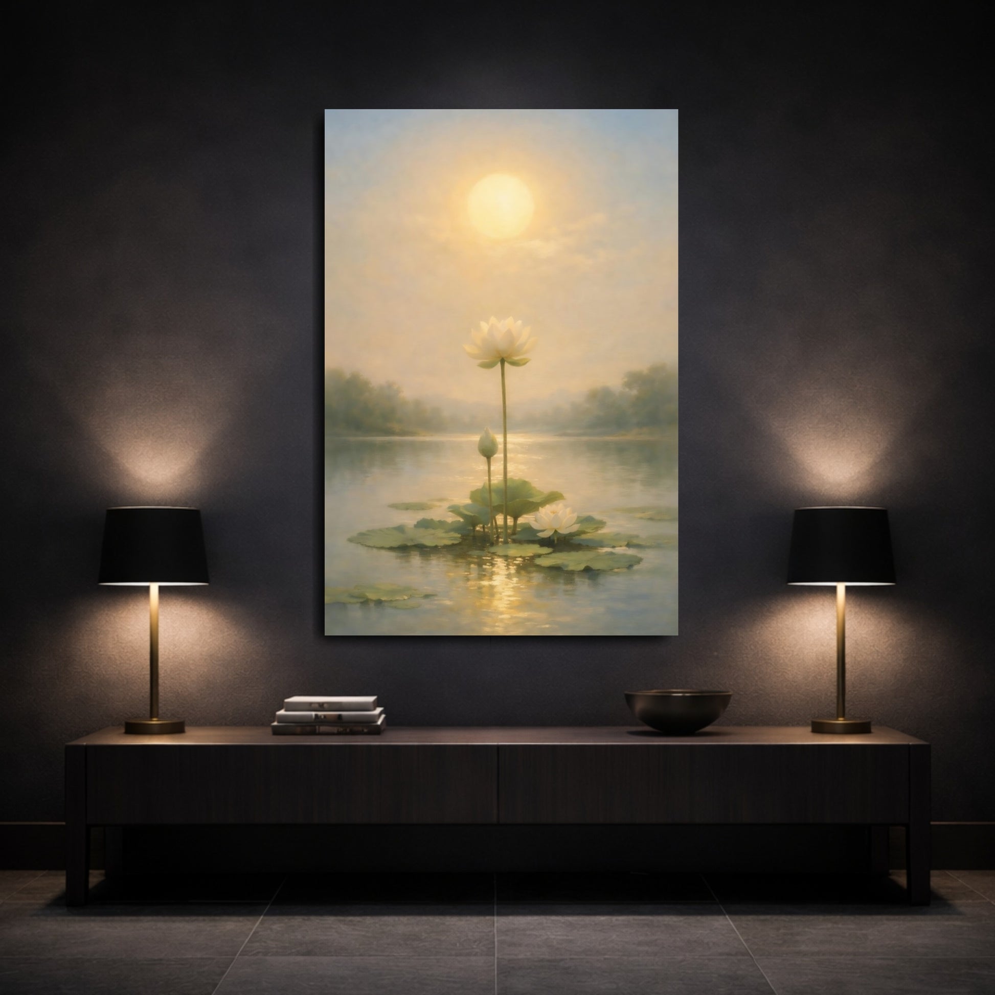 Mockup 2. Nature Lotus Flowers Golden Lotus Pond shown as stretched canvas wall art