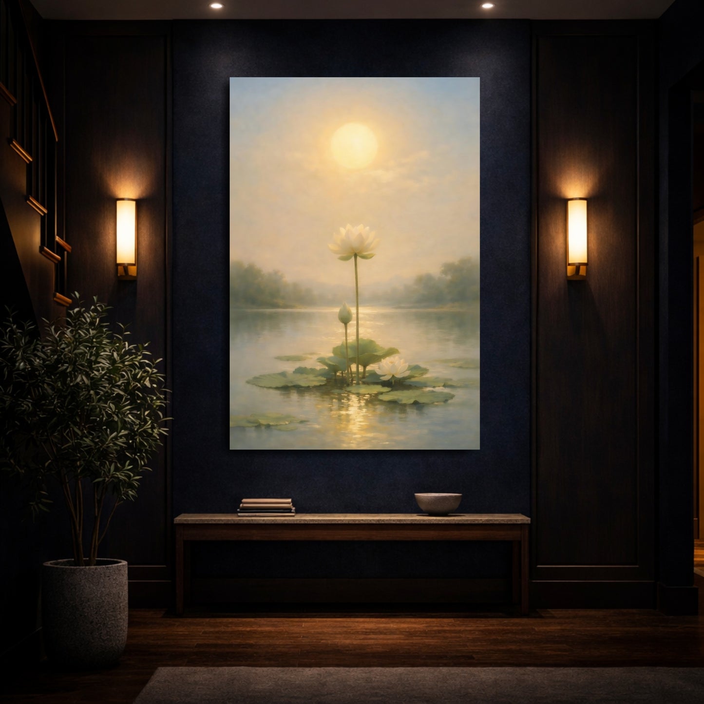 Mockup 3. Nature Lotus Flowers Golden Lotus Pond shown as stretched canvas wall art