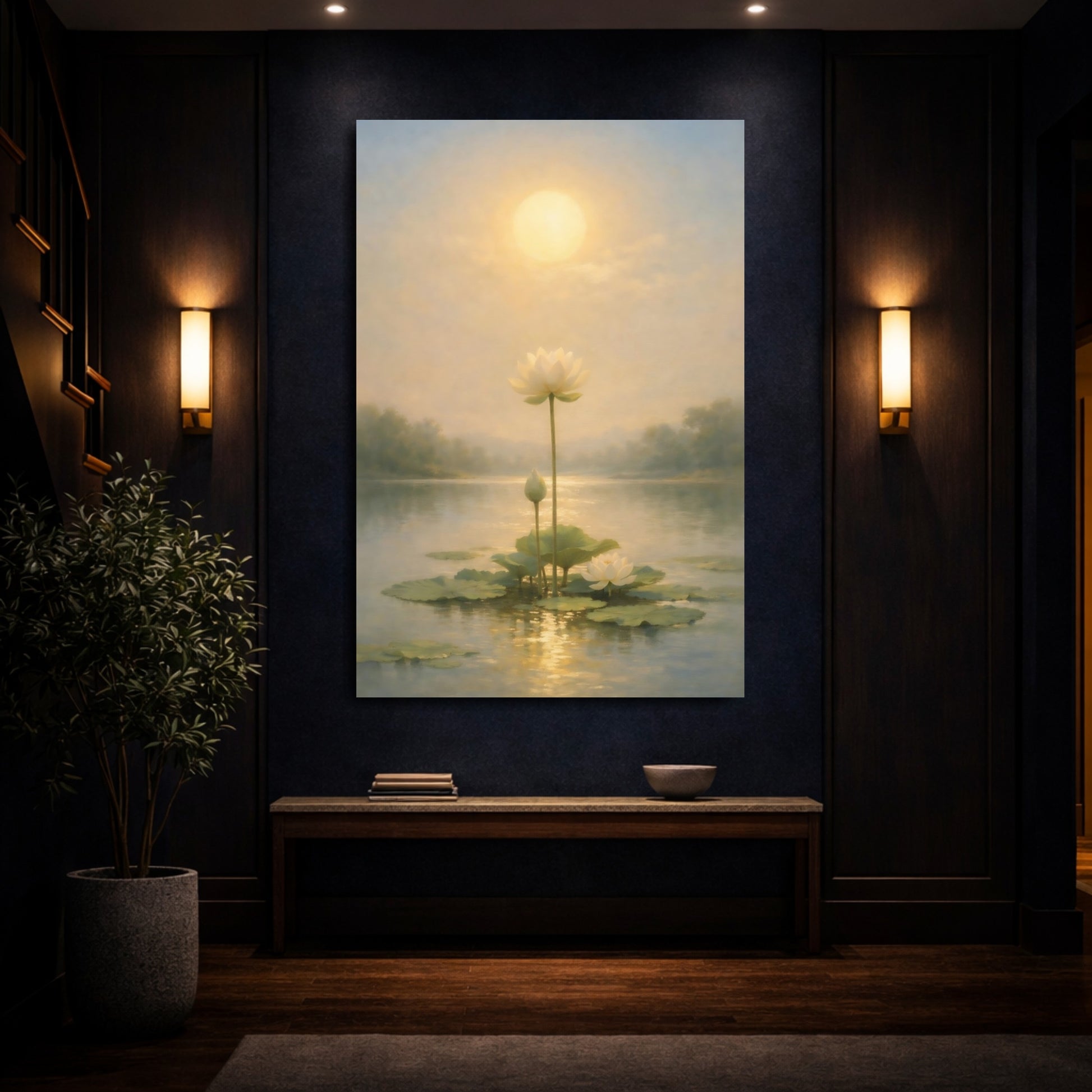 Mockup 3. Nature Lotus Flowers Golden Lotus Pond shown as stretched canvas wall art