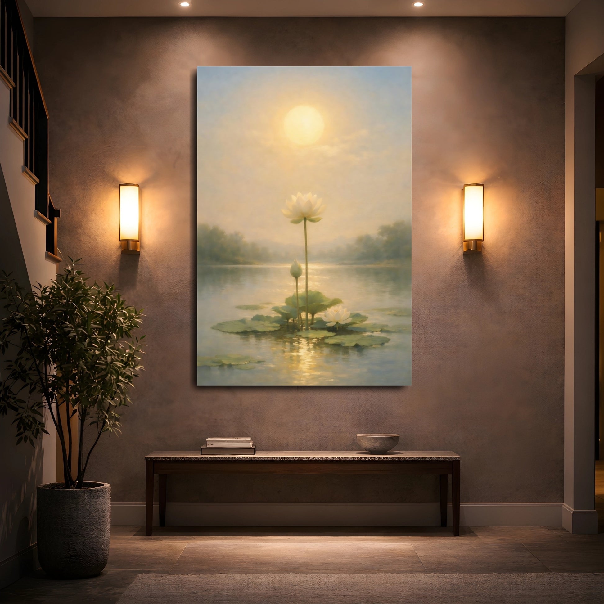 Mockup 4. Nature Lotus Flowers Golden Lotus Pond shown as stretched canvas wall art