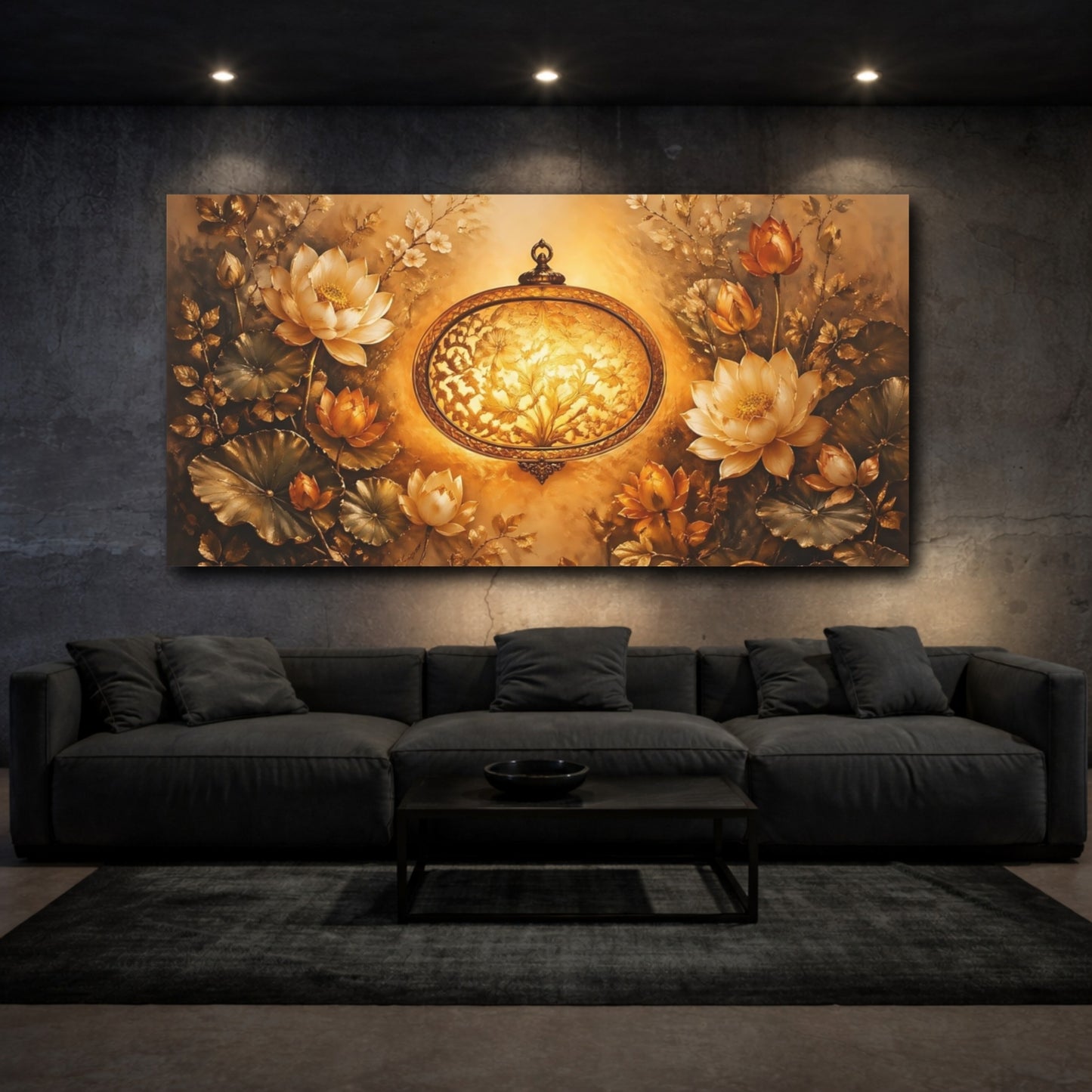 Mockup 2. Nature Lotus Flowers Golden Lotus shown as stretched canvas wall art