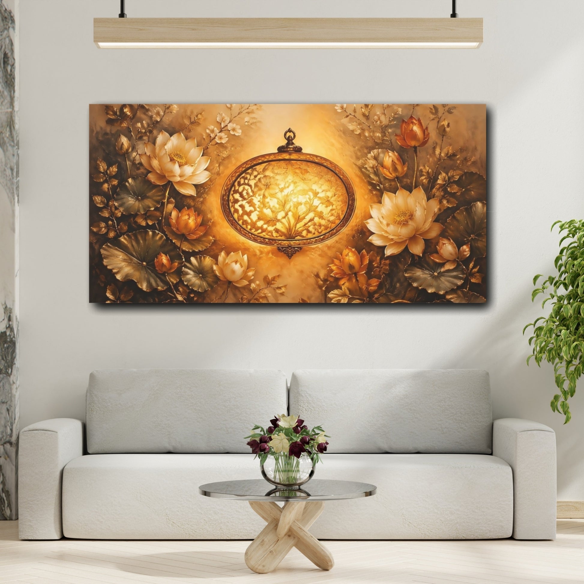 Mockup 3. Nature Lotus Flowers Golden Lotus shown as stretched canvas wall art