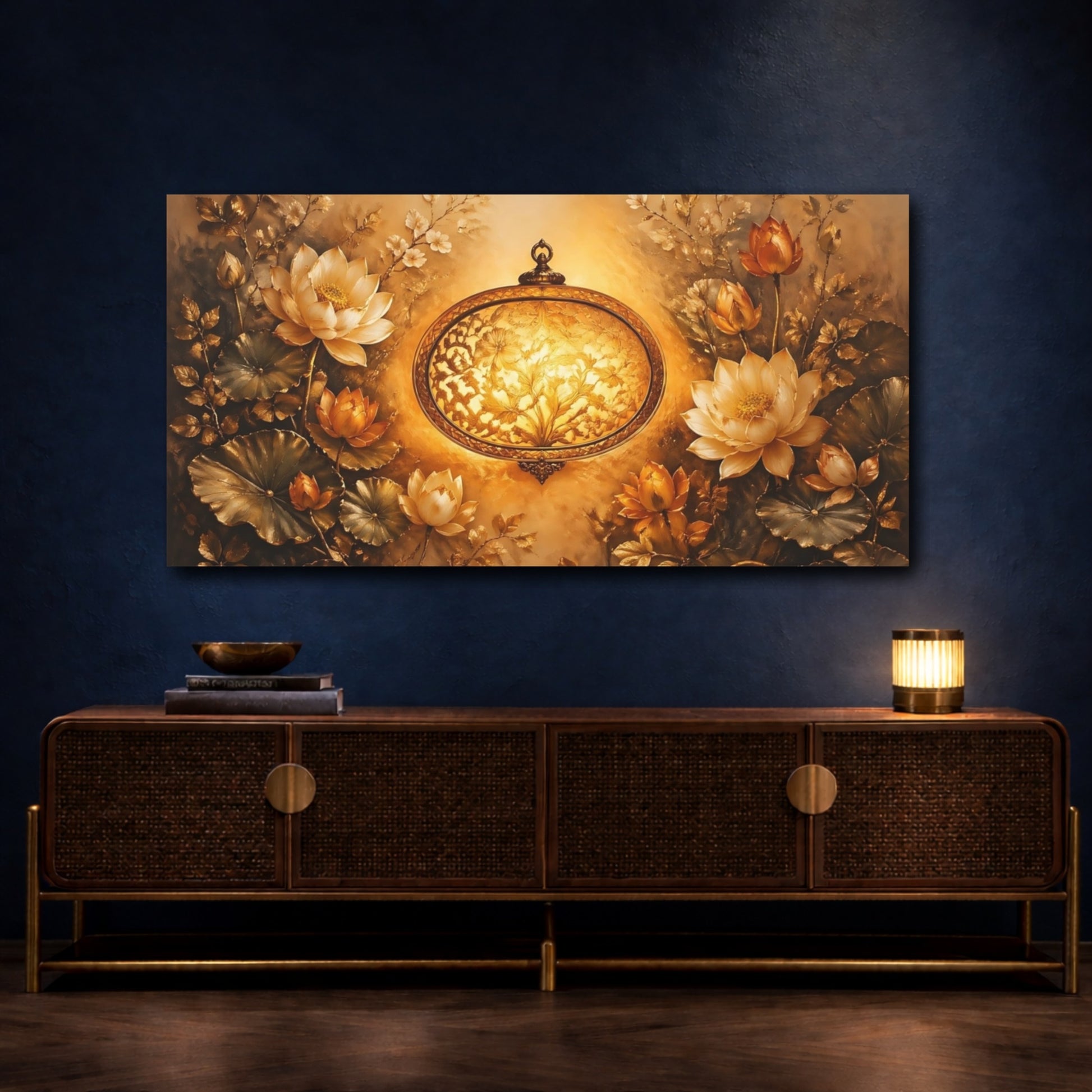 Mockup 4. Nature Lotus Flowers Golden Lotus shown as stretched canvas wall art