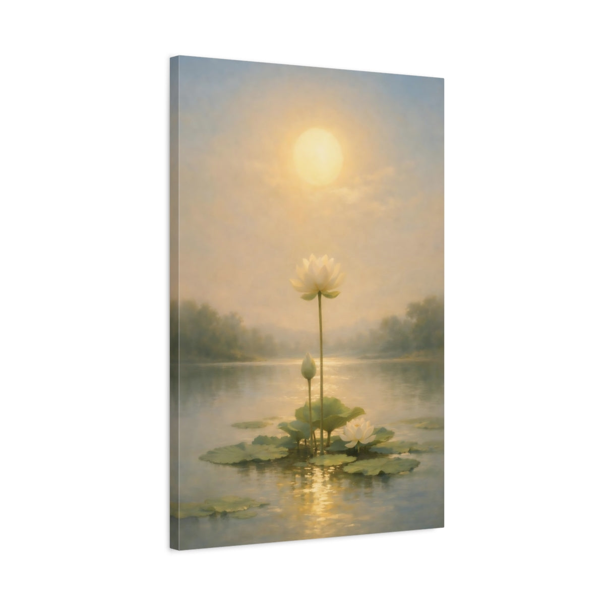 Side Mockup 2. Nature Lotus Flowers Golden Lotus Pond shown as stretched canvas wall art