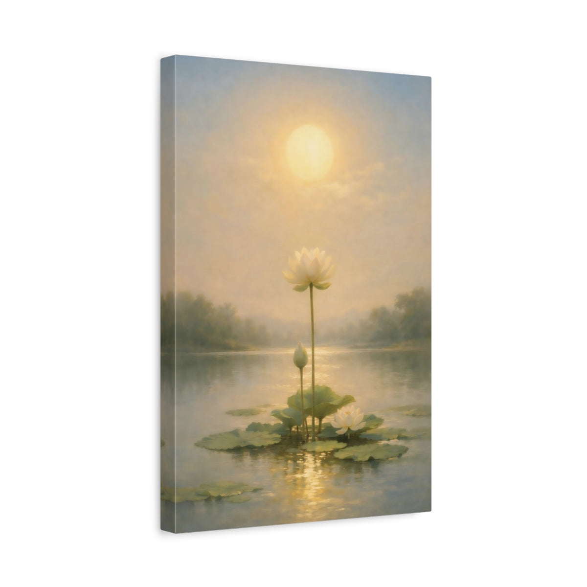 Side Mockup 4. Nature Lotus Flowers Golden Lotus Pond shown as stretched canvas wall art