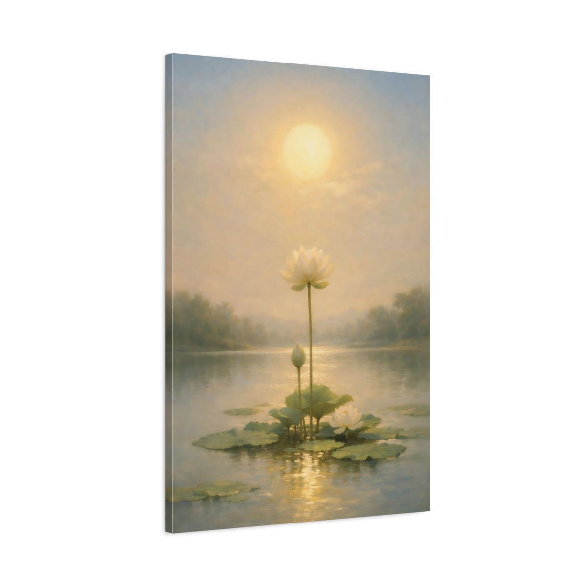 Side Mockup 1. Nature Lotus Flowers Golden Lotus Pond shown as stretched canvas wall art