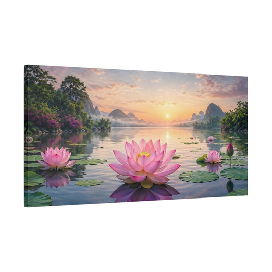 Main Mockup. Nature Lotus Flowers Pink And Orange shown as stretched canvas wall art