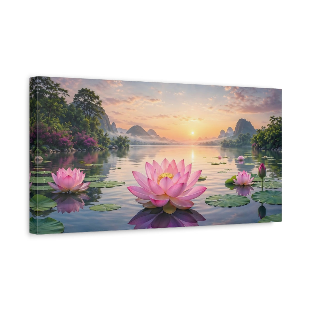 Side Mockup 3. Nature Lotus Flowers Pink And Orange shown as stretched canvas wall art
