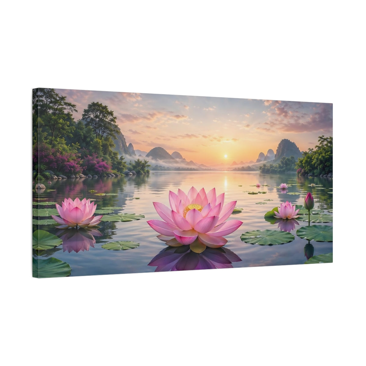 Side Mockup 1. Nature Lotus Flowers Pink And Orange shown as stretched canvas wall art