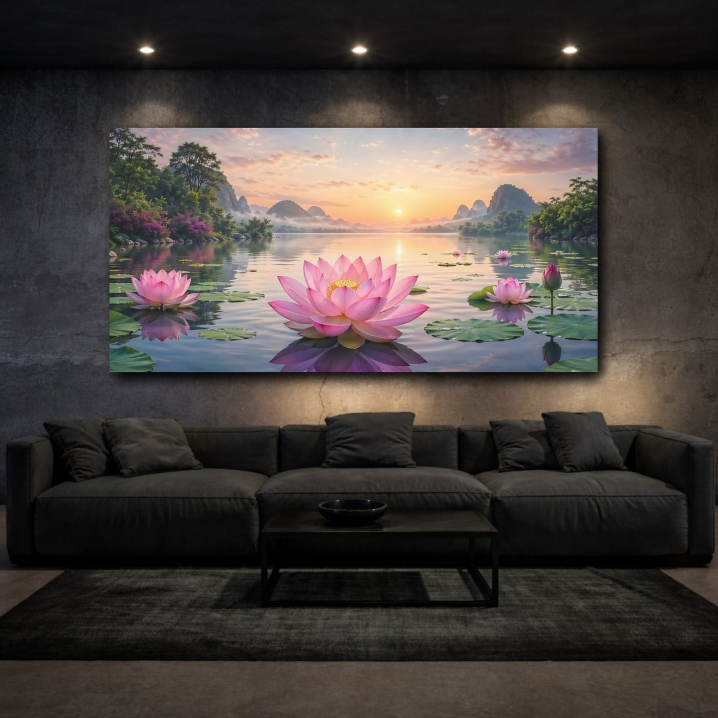 Mockup 2. Nature Lotus Flowers Pink And Orange shown as stretched canvas wall art