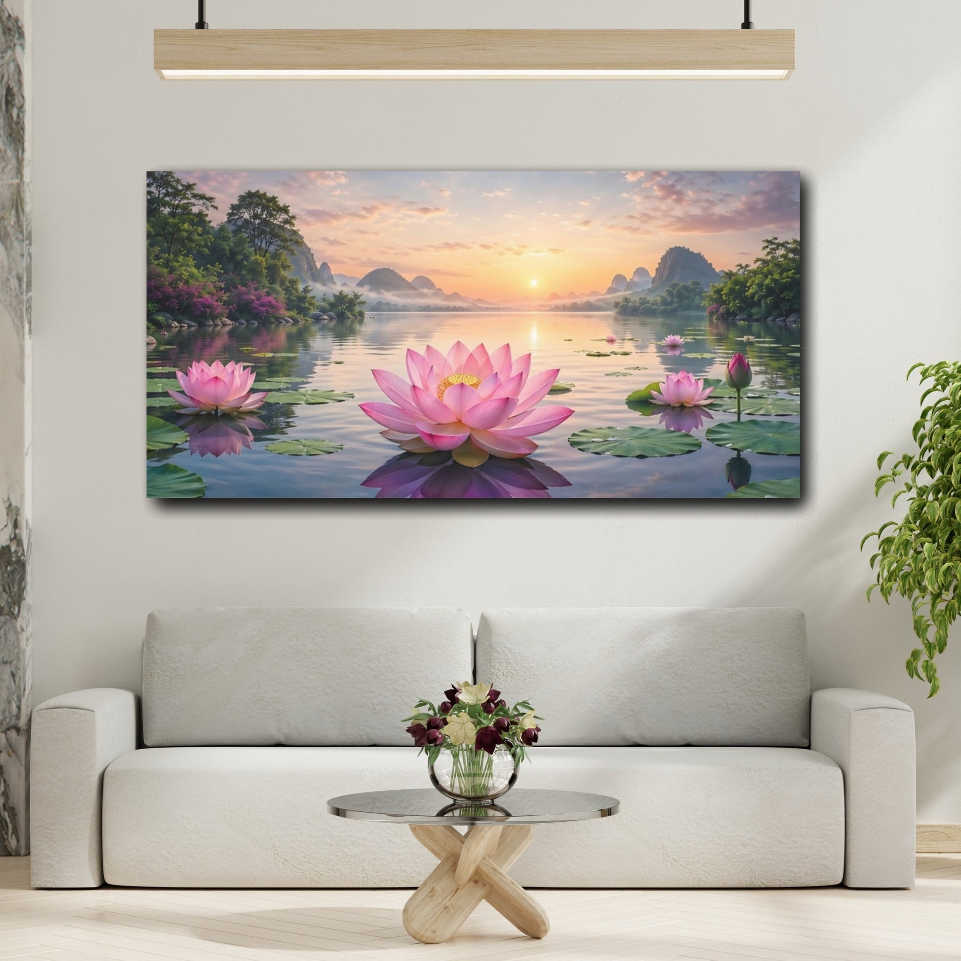 Mockup 3. Nature Lotus Flowers Pink And Orange shown as stretched canvas wall art