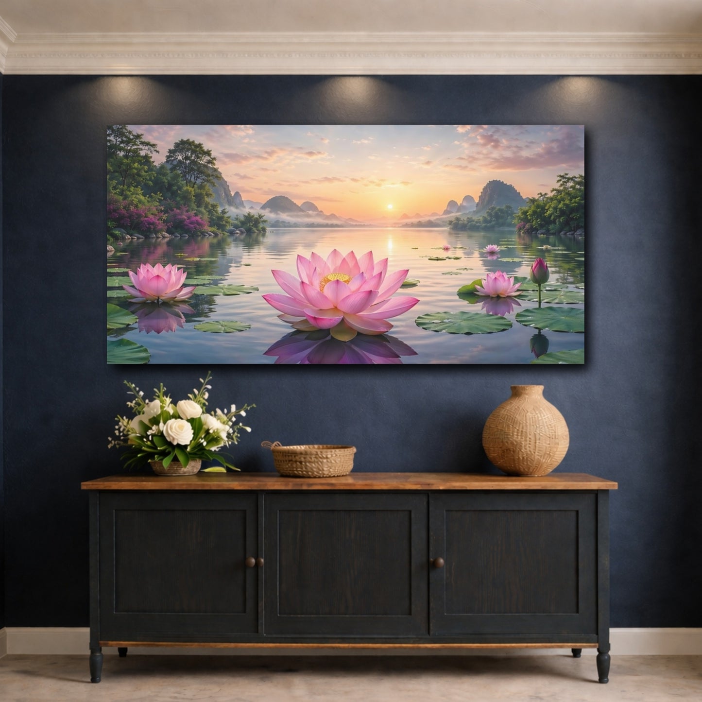 Mockup 4. Nature Lotus Flowers Pink And Orange shown as stretched canvas wall art