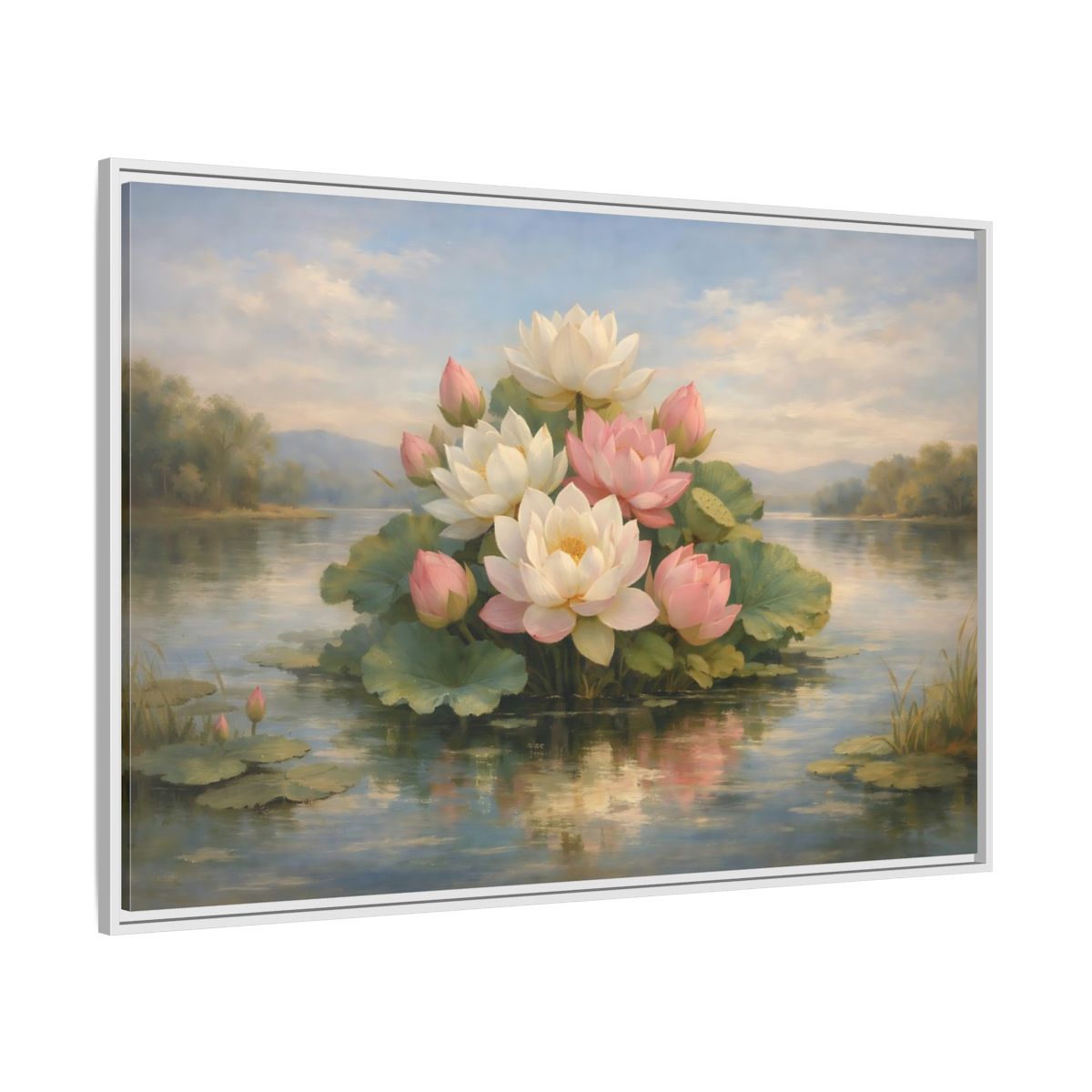 Side Mockup 7. Nature Lotus Flowers Pink And White Lotus shown as stretched canvas wall art