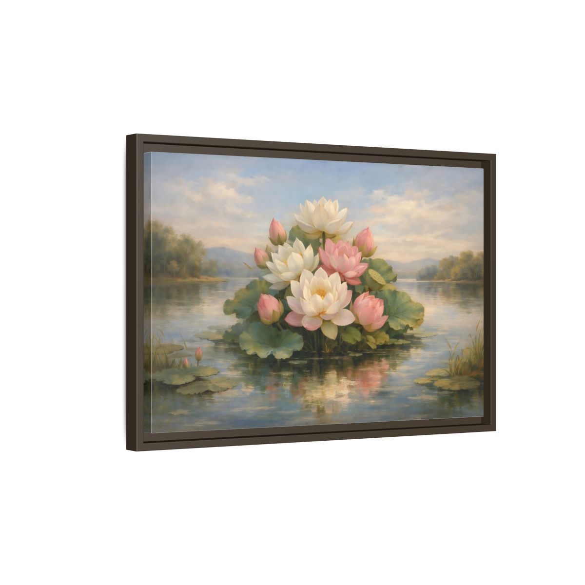 Side Mockup 2. Nature Lotus Flowers Pink And White Lotus shown as stretched canvas wall art