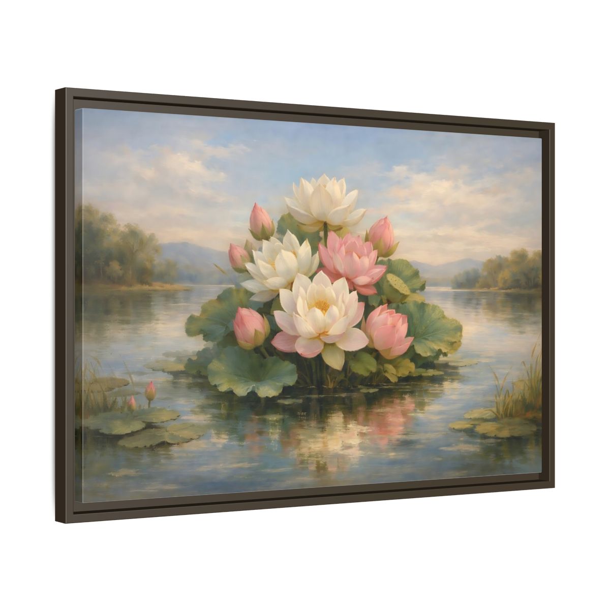 Side Mockup 11. Nature Lotus Flowers Pink And White Lotus shown as stretched canvas wall art