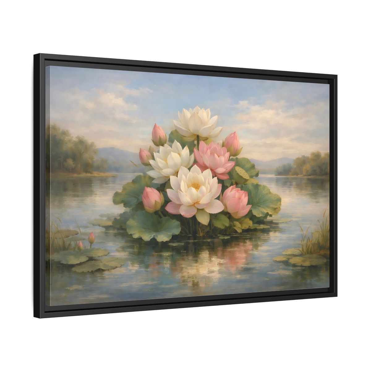 Side Mockup 14. Nature Lotus Flowers Pink And White Lotus shown as stretched canvas wall art